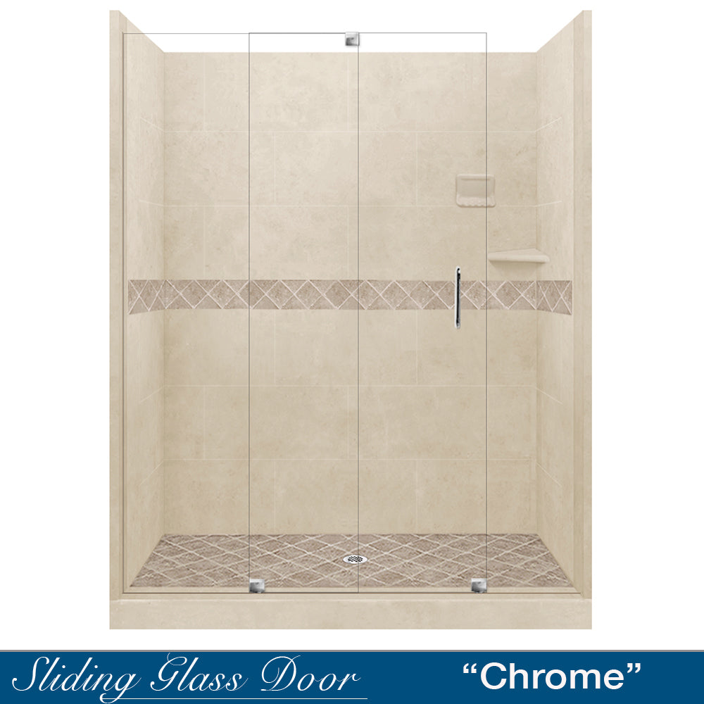 Freedom 60 Alcove Shower Kit - DIY Shower Remodel with Desert Sand Sistine Stone & Diamond Stone Accent | Includes Free Shampoo Niche | Easy Bathroom Upgrade for Home Renovation Projects