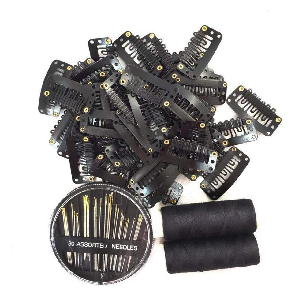 50Pcs 32mm Snap Wig Clips for Hair Extensions - I Shape 6 Teeth Black Hair Extension Clips with 30 Assorted Sewing Needles & 2 Rolls Thread (Black) - Perfect for DIY Hair Styling, Cosplay & Salon Use