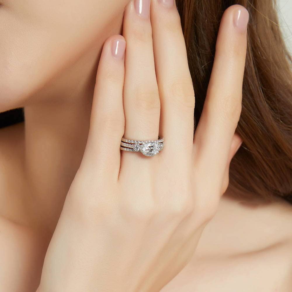 BERRICLE Sterling Silver 3-Stone Oval Cut Cubic Zirconia Engagement Ring Set for Women - 1.2 Carat CZ Wedding Band, Rhodium Plated Size 4-10 - Perfect for Proposals, Anniversaries & Bridal Jewelry Gifts