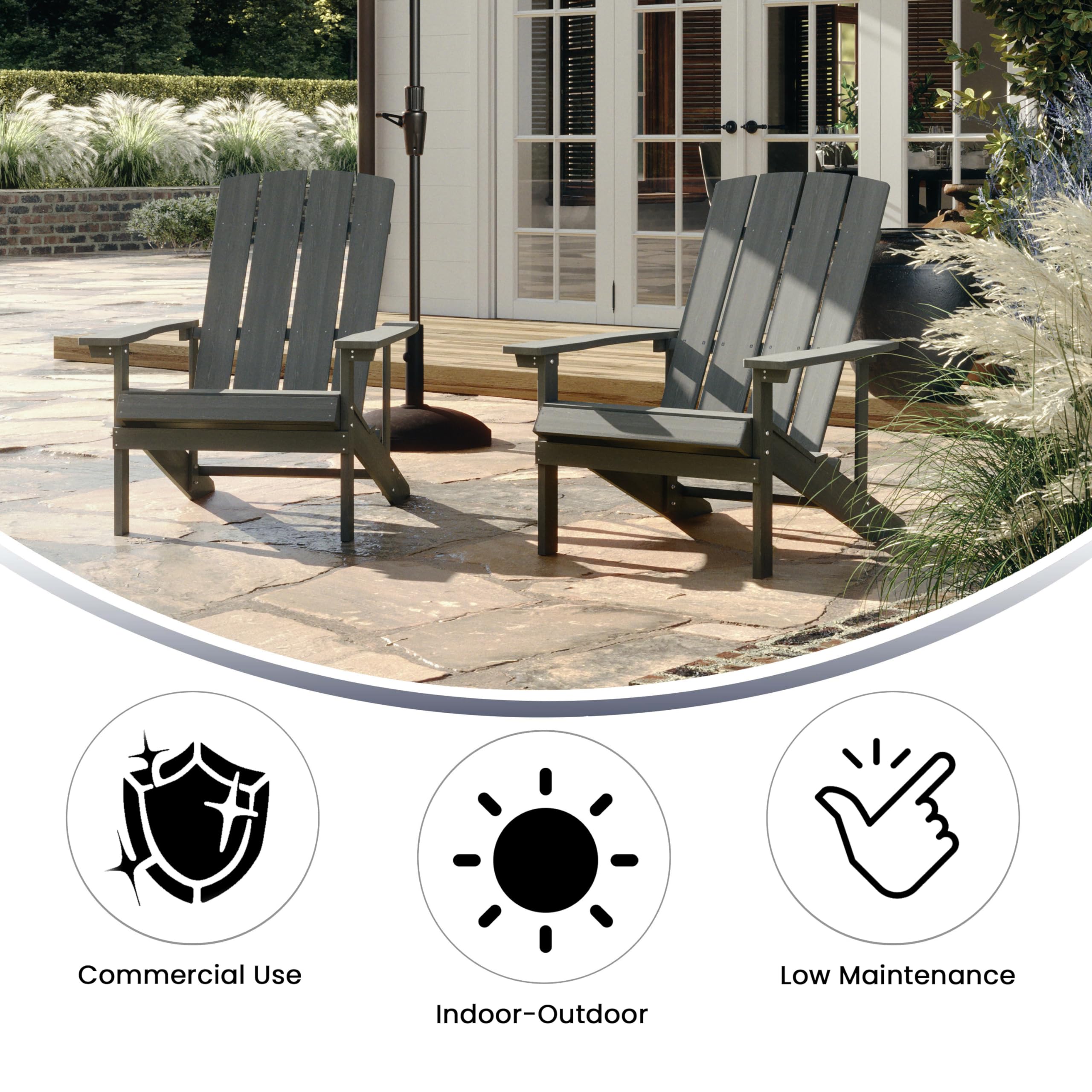 Flash Furniture Charlestown Indoor/Outdoor Faux Wood Adirondack Chair - Weather-Resistant Polyresin Patio Chair with 350 lb Weight Capacity in Gray - Perfect for Backyard, Garden, Poolside & Deck Relaxation