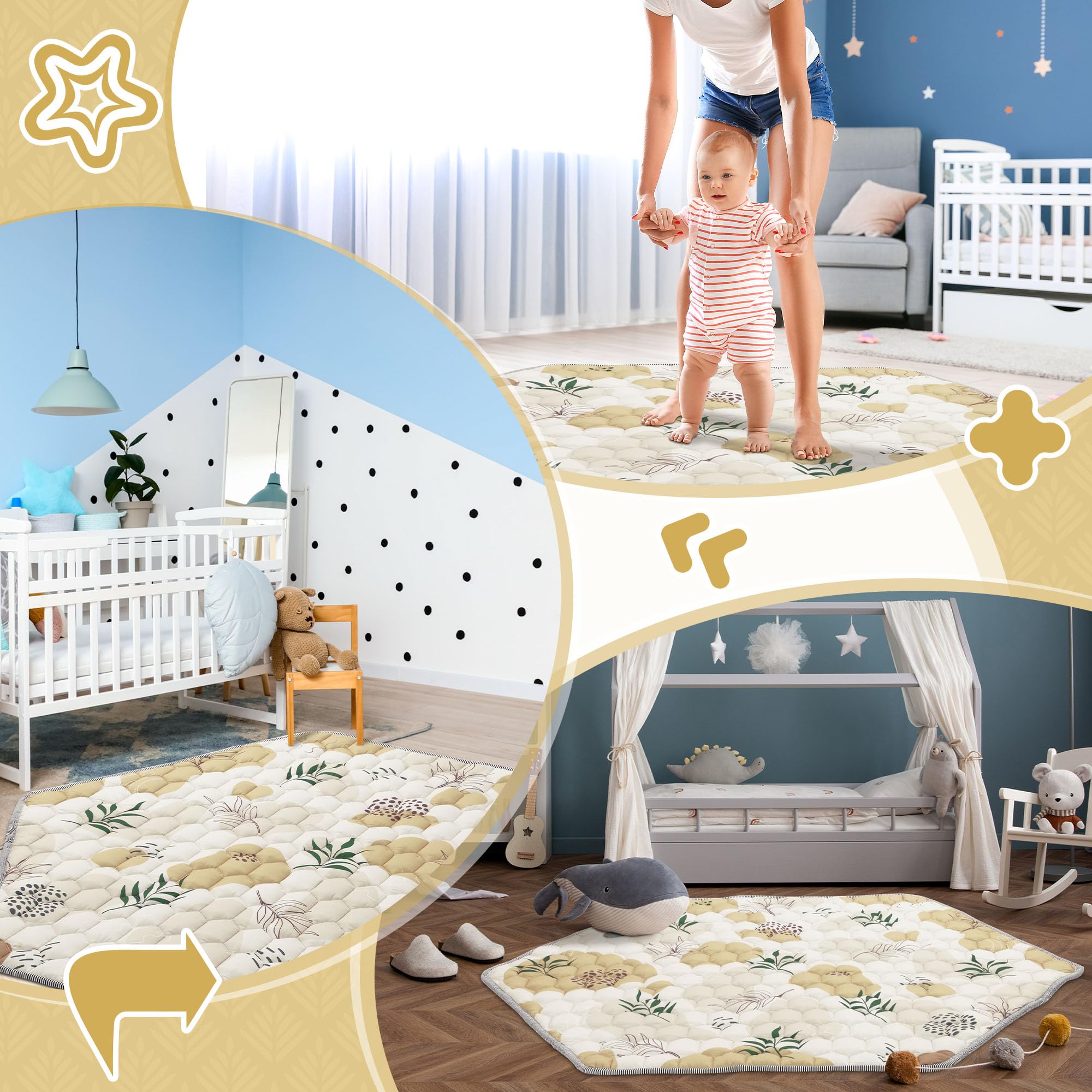 HOMBYS Hexagon Playpen Mat - 52x45 Inch Thickened Soft Baby Play Mat for Portable Play Yard & Playpen | Non-Slip Washable Toddler Crawling Mat (Leaf Pattern) - Perfect for Nursery, Daycare & Indoor Play Areas