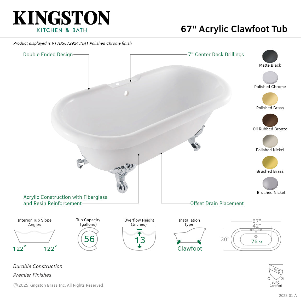 67 Inch Acrylic Oval Double Ended Clawfoot Bathtub with 7 Inch Faucet Drillings - Glossy White/Oil Rubbed Bronze - Perfect for Luxury Bathrooms & Spa Retreats