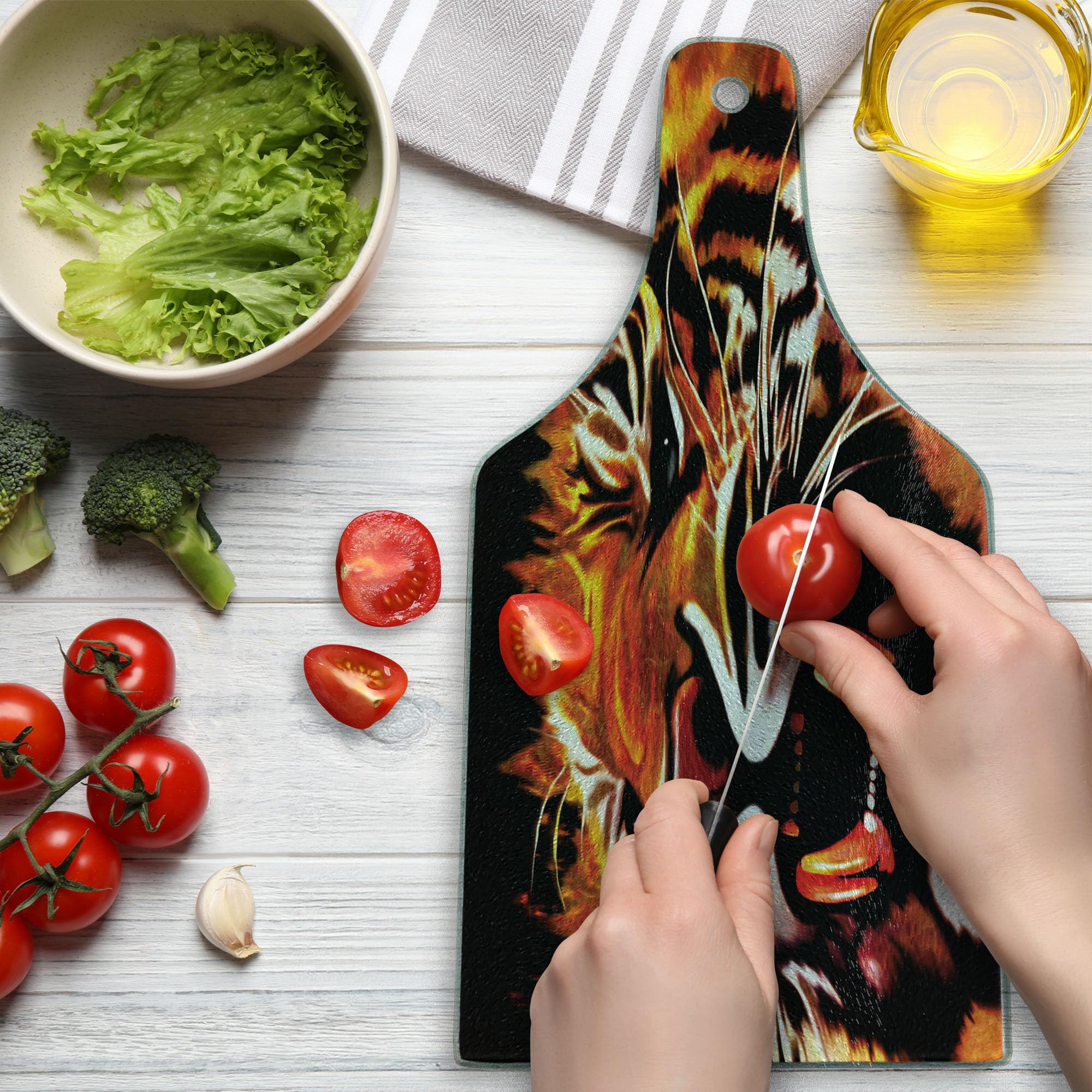 Ambesonne Savannah Tempered Glass Cutting Board - Large Tiger Stripes Animal Print, Decorative Serving Board with Wine Bottle Shape in Orange, White & Black | Perfect for Kitchen Prep, Charcuterie Display & Wine Pairing Parties