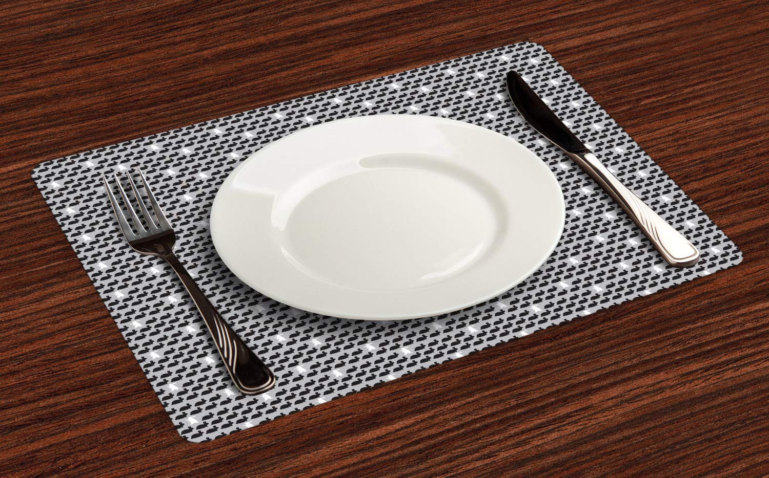 Ambesonne 4-Piece Bunny Rabbit Placemats Set - Greyscale Art Design, Washable Fabric Table Mats for Dining Room Decor, Standard Size (Pale Grey & Charcoal Grey) - Perfect for Easter, Spring Decor & Everyday Table Setting
