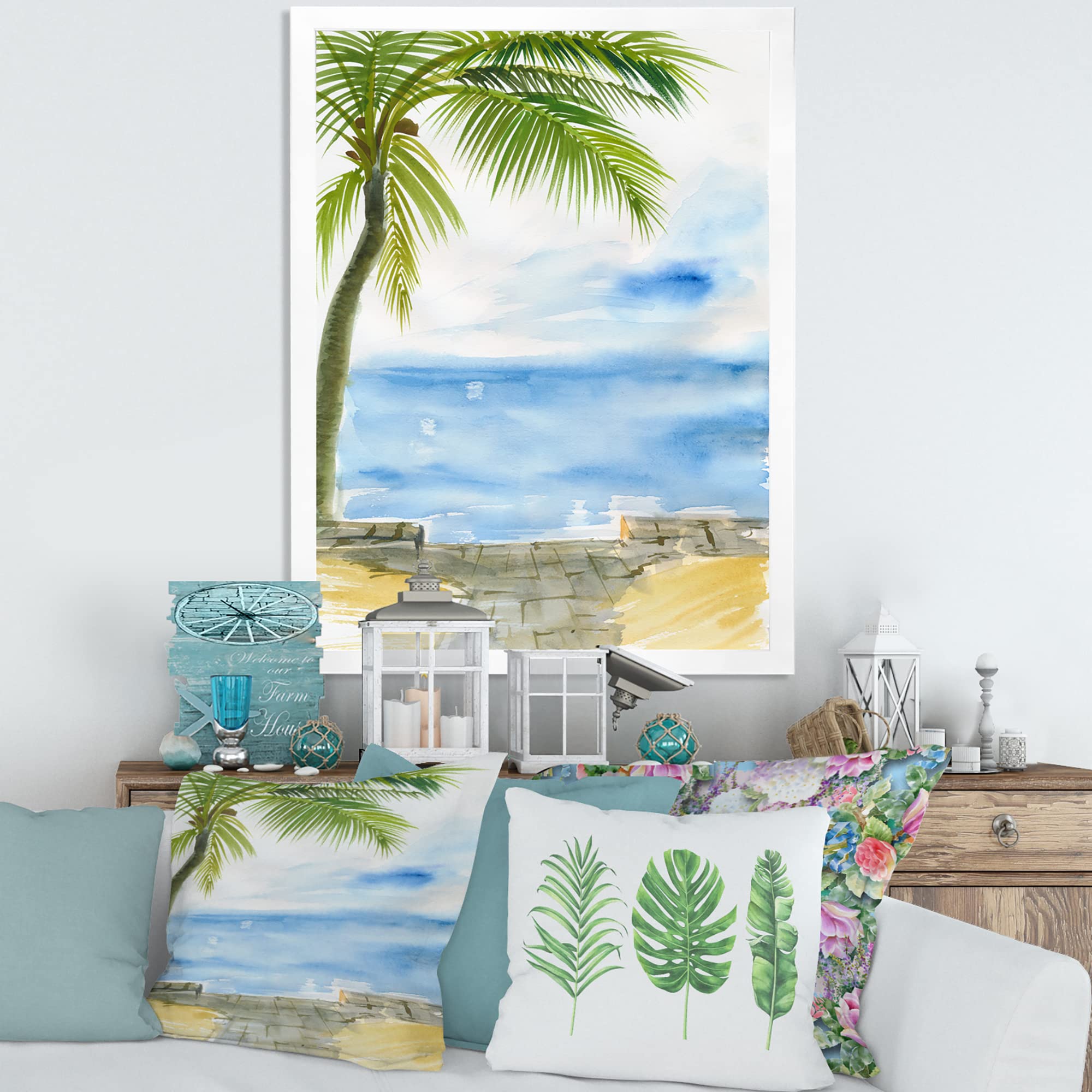 DesignQ Palm Beach Resort At Dawn II Nautical & Coastal Framed Wall Art - Beach House Decor, Ocean Themed Living Room Painting, Coastal Bedroom Wall Decor for Home & Office