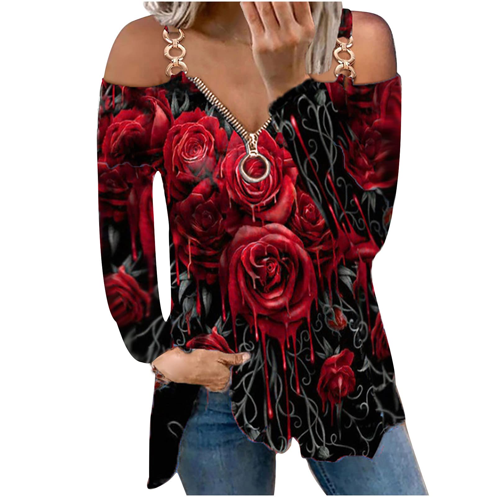 Floral Print Long Sleeve V-Neck Zip Front Blouse for Women - Loose Fit Casual Tops for Work, Date Night & Spring Outfits