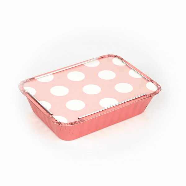 16 oz Rectangle Pink Aluminum Take Out Containers with Polka Dot Paper Lids - 7.25