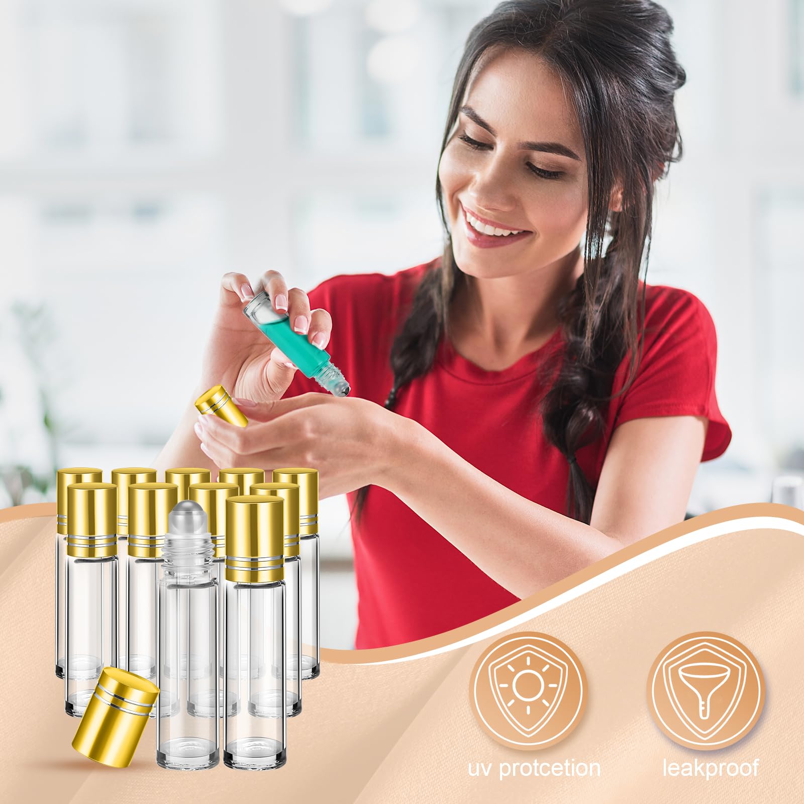 96 Pcs 10ml Empty Glass Essential Oil Roller Bottles with Stainless Steel Balls - Leakproof Travel Bottles with 5 Funnels for DIY Perfume, Aromatherapy, Lip Gloss (Clear with Gold Lid) - Perfect for Home Spa, Yoga, Meditation & Gift Giving