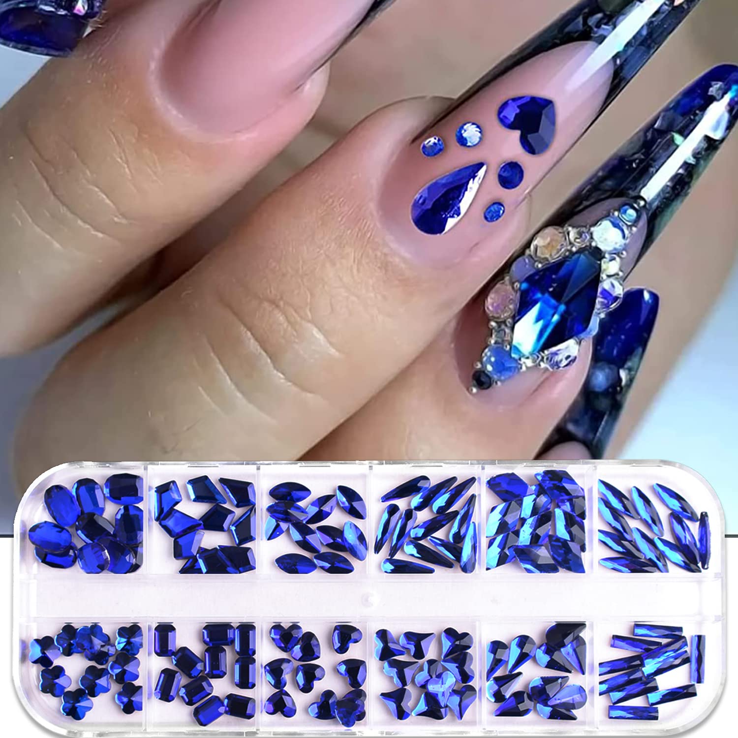 SILPECWEE 2 Pack Blue Flat Back Rhinestones for Nails - 3D Nail Art Gems, Glass Crystals & Diamond Decorations Kit with Picker Pencil - Perfect for DIY Manicure, Salon Nail Designs & Party Glam Looks