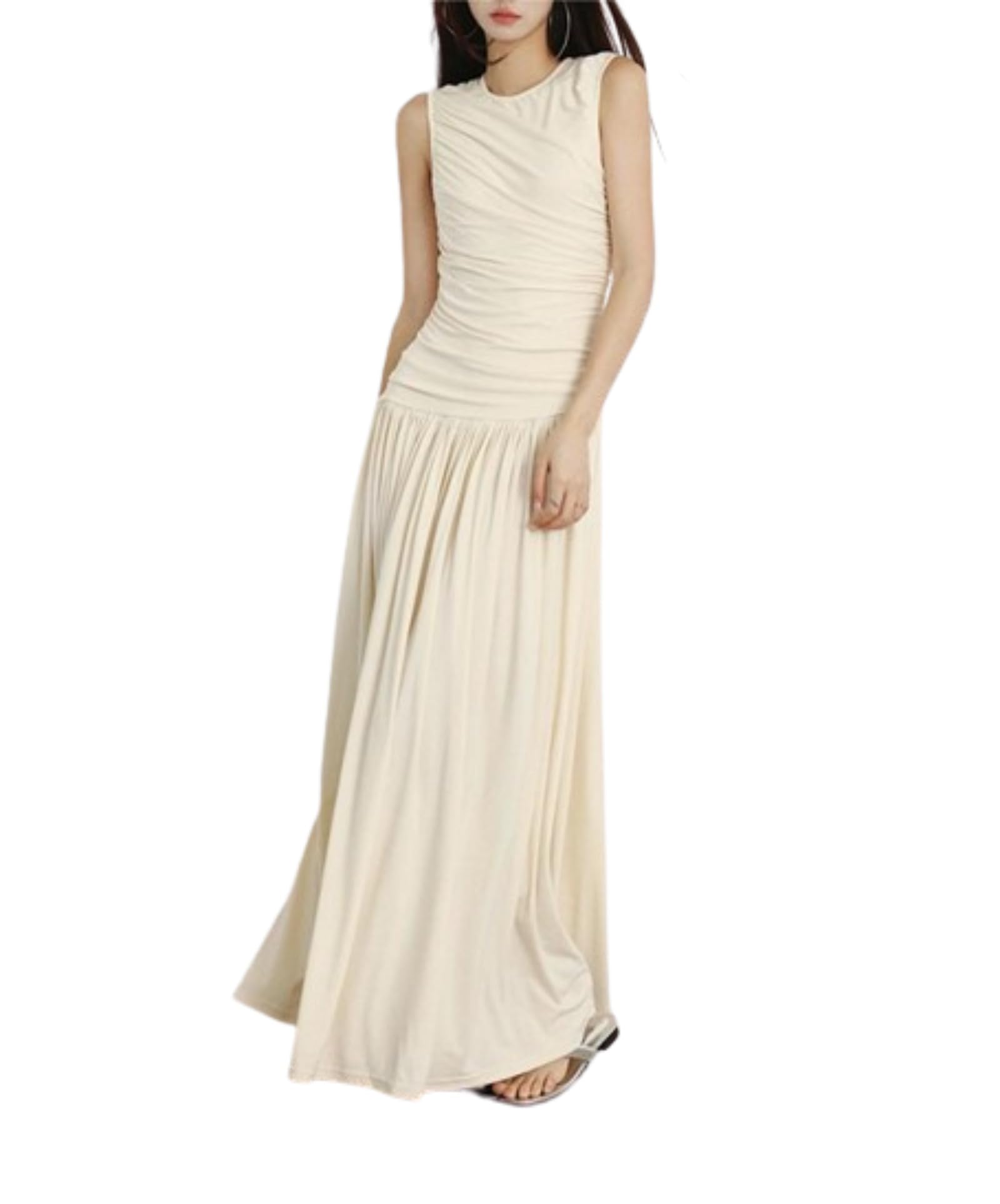 Women's Summer Apricot Pleated Sleeveless Long Dress - Crew Neck Vest Patchwork Design for Casual Wear, Beach Outings & Special Occasions