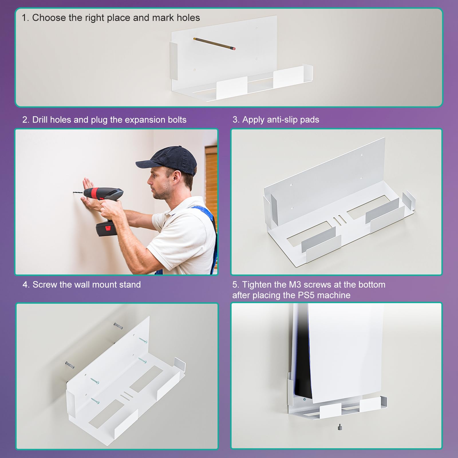WALI PS5 Wall Mount - Heavy Duty Metal Bracket Holder for PS5 & PS5 Slim (Disc/Digital Edition) - Steel TV Back Mount with Secure Screw Installation (WMH003) in White - Perfect for Space-Saving Gaming Setup & Living Room Organization