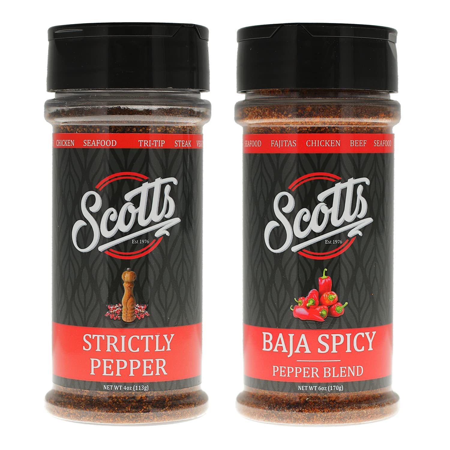 Scotts Seasoning & Marinade Twin Pack - Baja Spicy Pepper Blend & Strictly Pepper - Perfect for Chicken, Ribs, Roasts - Adds Heat & Rich Flavor to BBQ, Grilling & Mexican Dishes