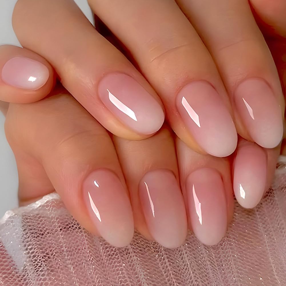 Short Squoval Almond Press on Nails - Pink Ombre White False Nails with Glossy Designs - 24Pcs Acrylic Stick on Artificial Nails for Women - Perfect for Parties, Weddings & Everyday Wear
