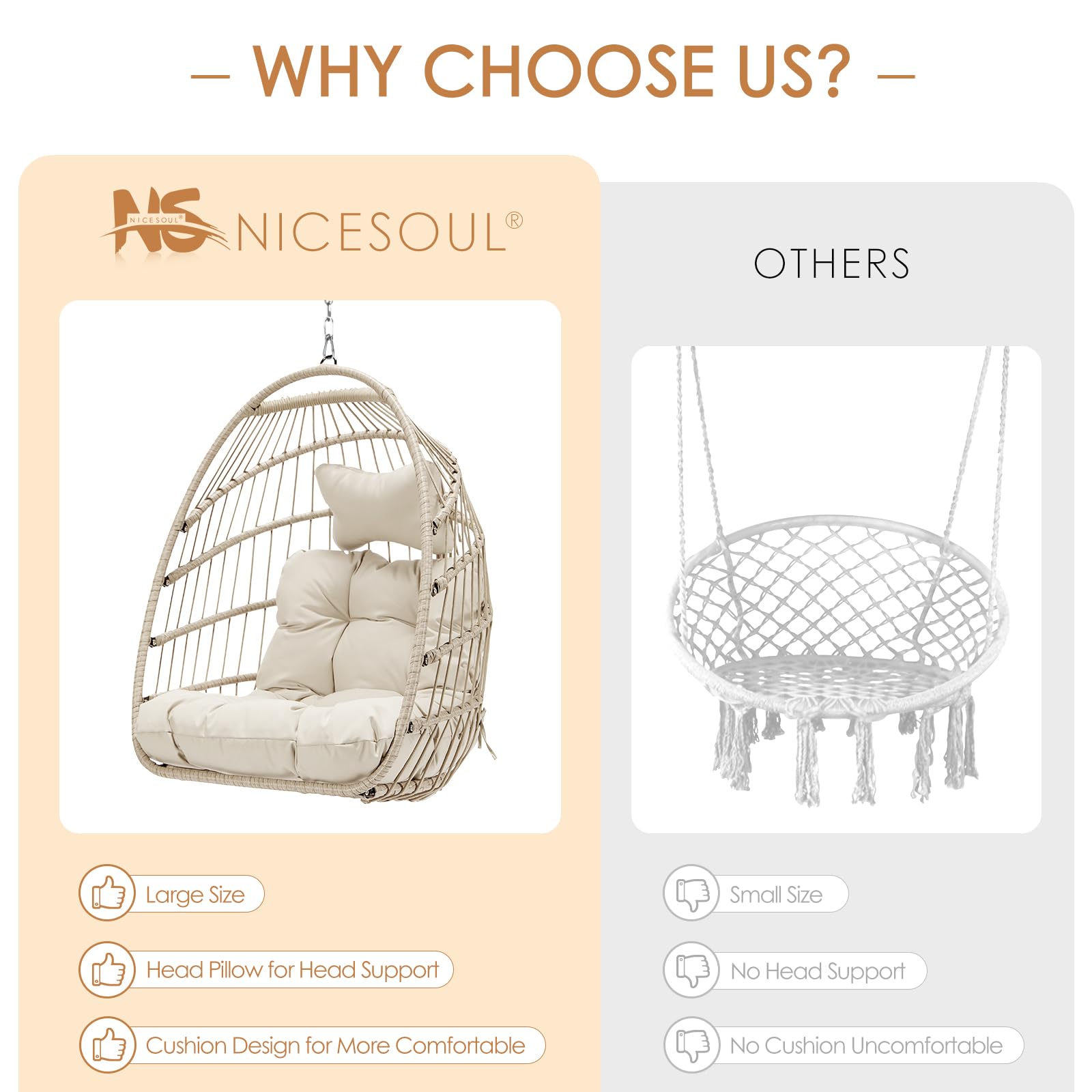 NICESOUL Beige Wicker Hanging Egg Chair with Cushion - 300lbs Capacity Indoor/Outdoor Swing Hammock for Patio, Balcony, Garden - All-Weather Hanging Basket Chair (Stand Not Included) | Perfect for Relaxing, Reading & Lounging in Backyard or Sunroom