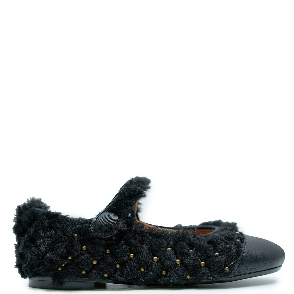 Black Fur & Gold Stud Mary Jane Shoes for Women - Elegant Vintage Style Heels for Parties, Weddings & Special Occasions