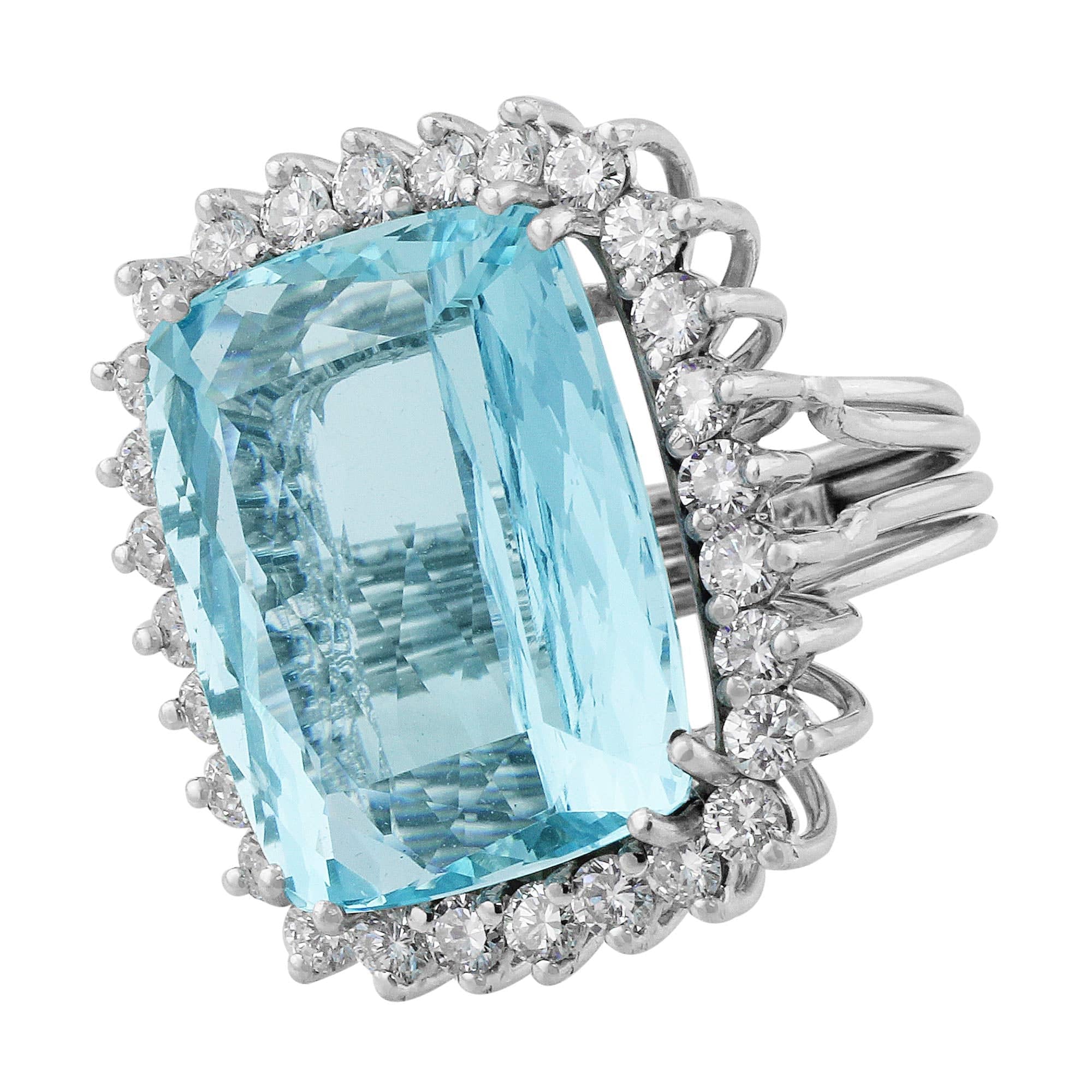 14K White Gold Vintage 21ct Aquamarine Diamond Ring for Women - Elegant Bridal, Engagement, Anniversary & Special Occasion Jewelry Gift