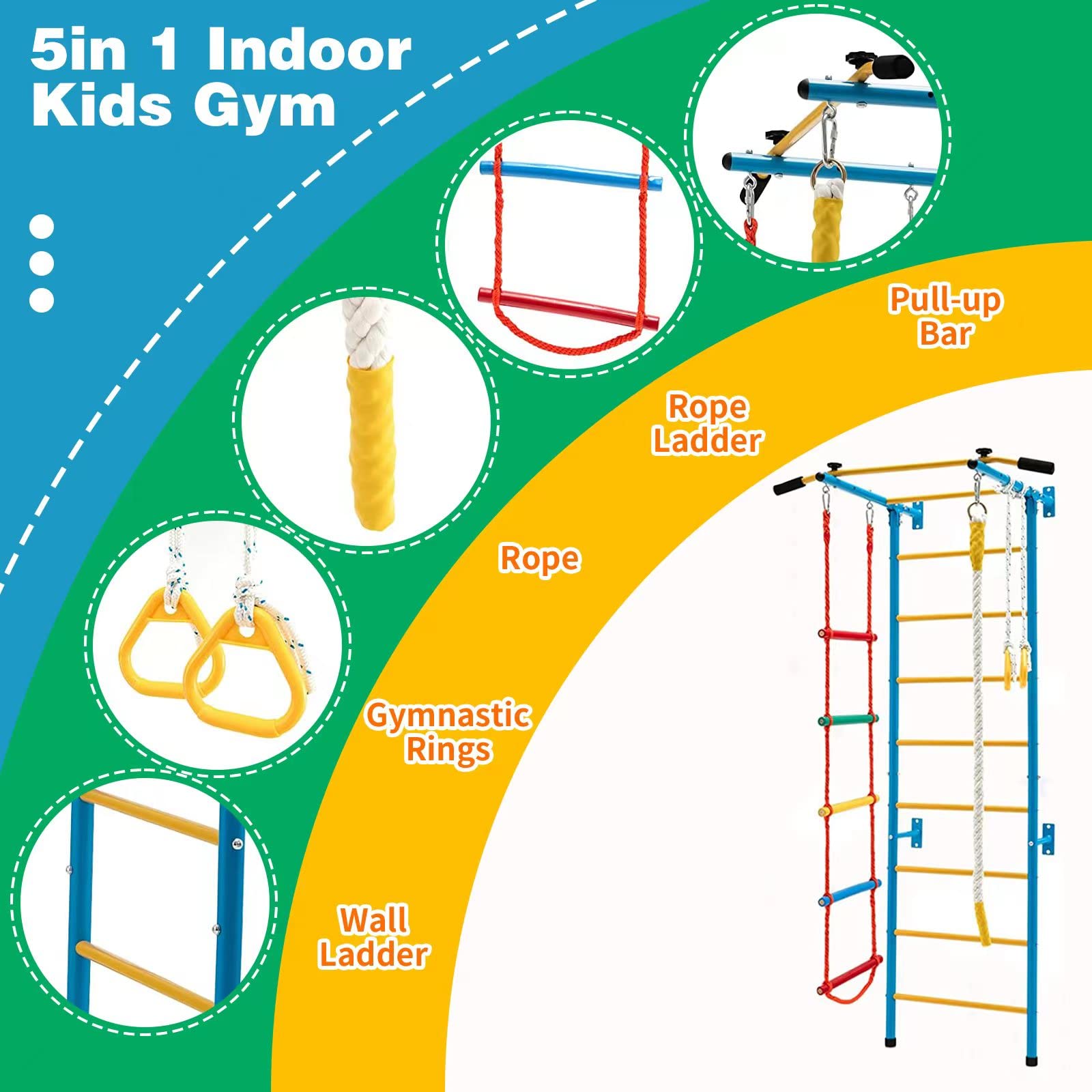 Tongmo Kids Climbing Toys - Indoor Metal Gym Set for Exercise & Play | Includes Rope Ladder, Pull-up Bar, Wall Ladder, Gymnastic Rings | Perfect for Home Playrooms, Backyard Fun & Toddler Physical Development