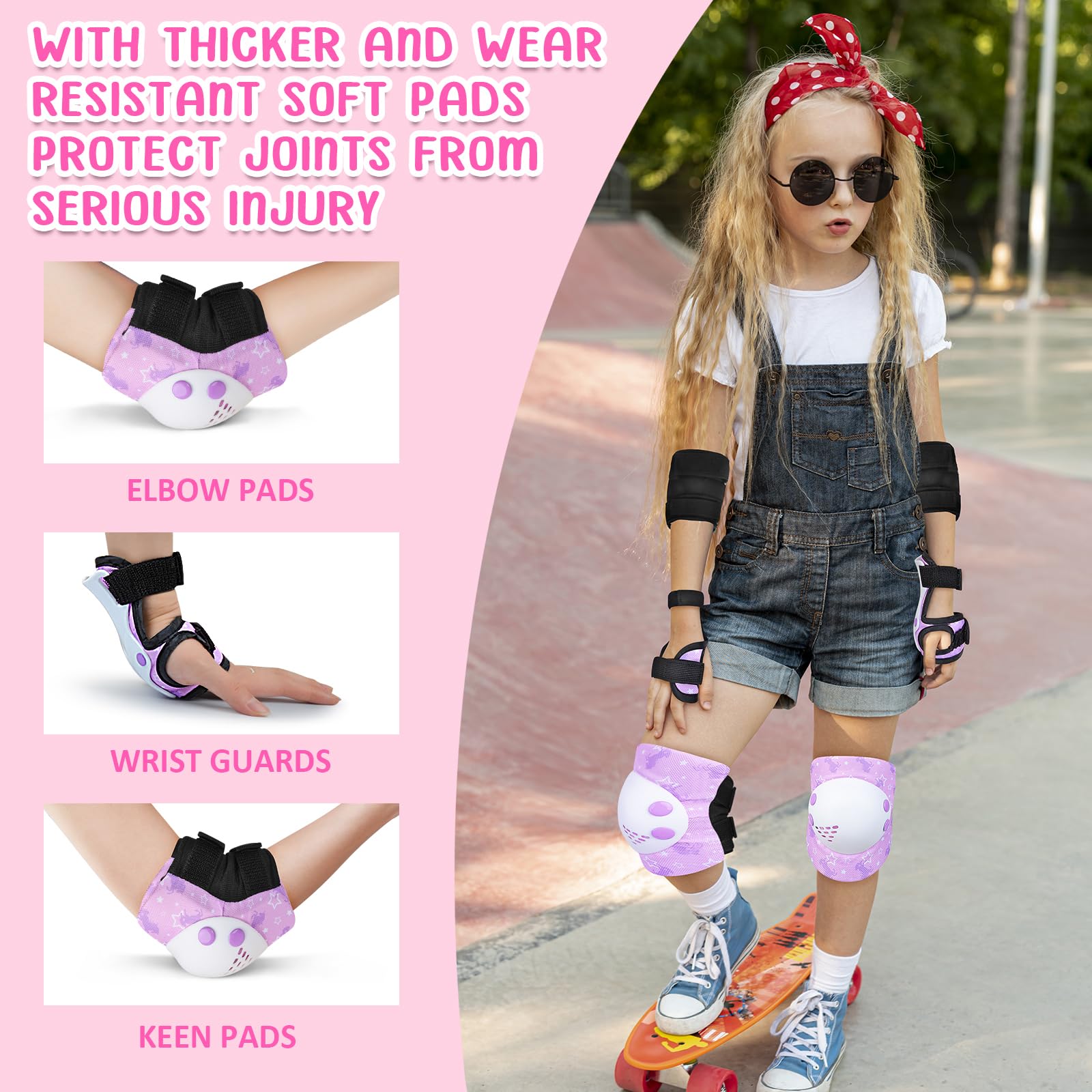 **Kids Knee Pads & Elbow Pads Set with Wrist Guards - Adjustable Protective Gear for Girls & Toddlers - Roller Skating, Biking, Skateboarding, Scooter - Purple Unicorn Design**    *(Perfect for outdoor play, sports safety, and active adventures!)*