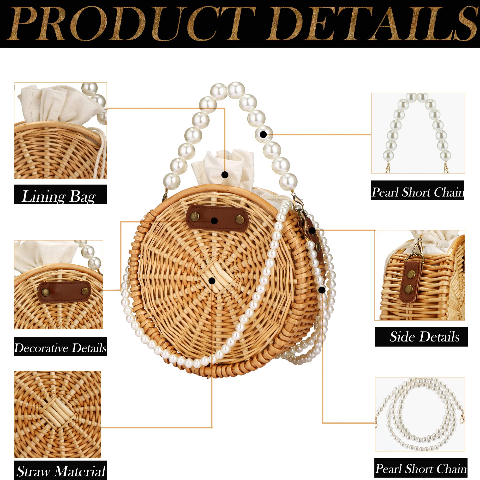 Stylish Women's Crossbody Straw Bag - Lightweight Beach Purse with Pearl Accents, Retro Summer Shoulder Bag for Travel, Shopping & Outdoor Activities