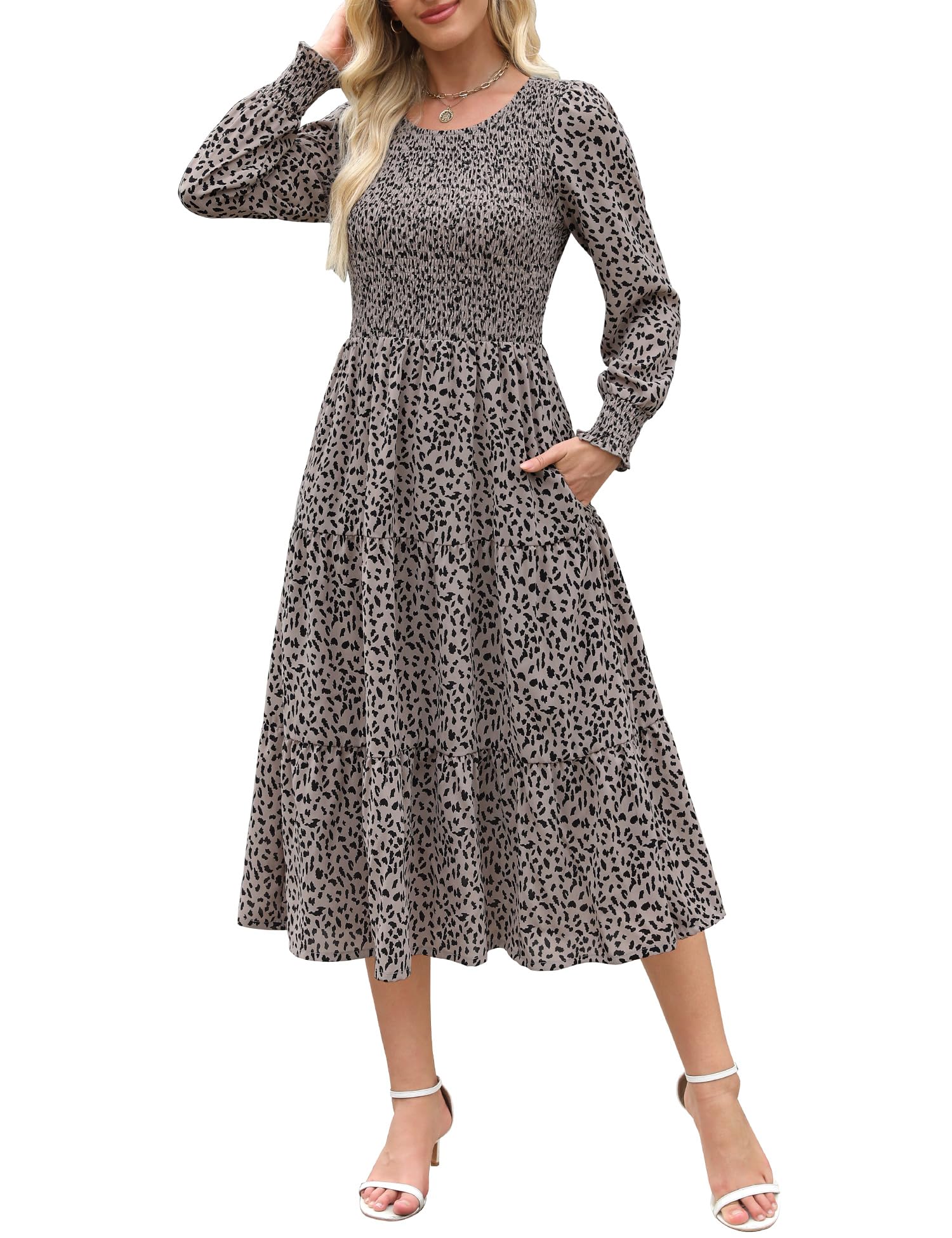 Zattcas Women's Fall Dresses 2025 - Casual Long Sleeve Smocked Boho Floral Tiered Midi Dress with Pockets for Wedding Guest, Party, Date Night & Autumn Outfits