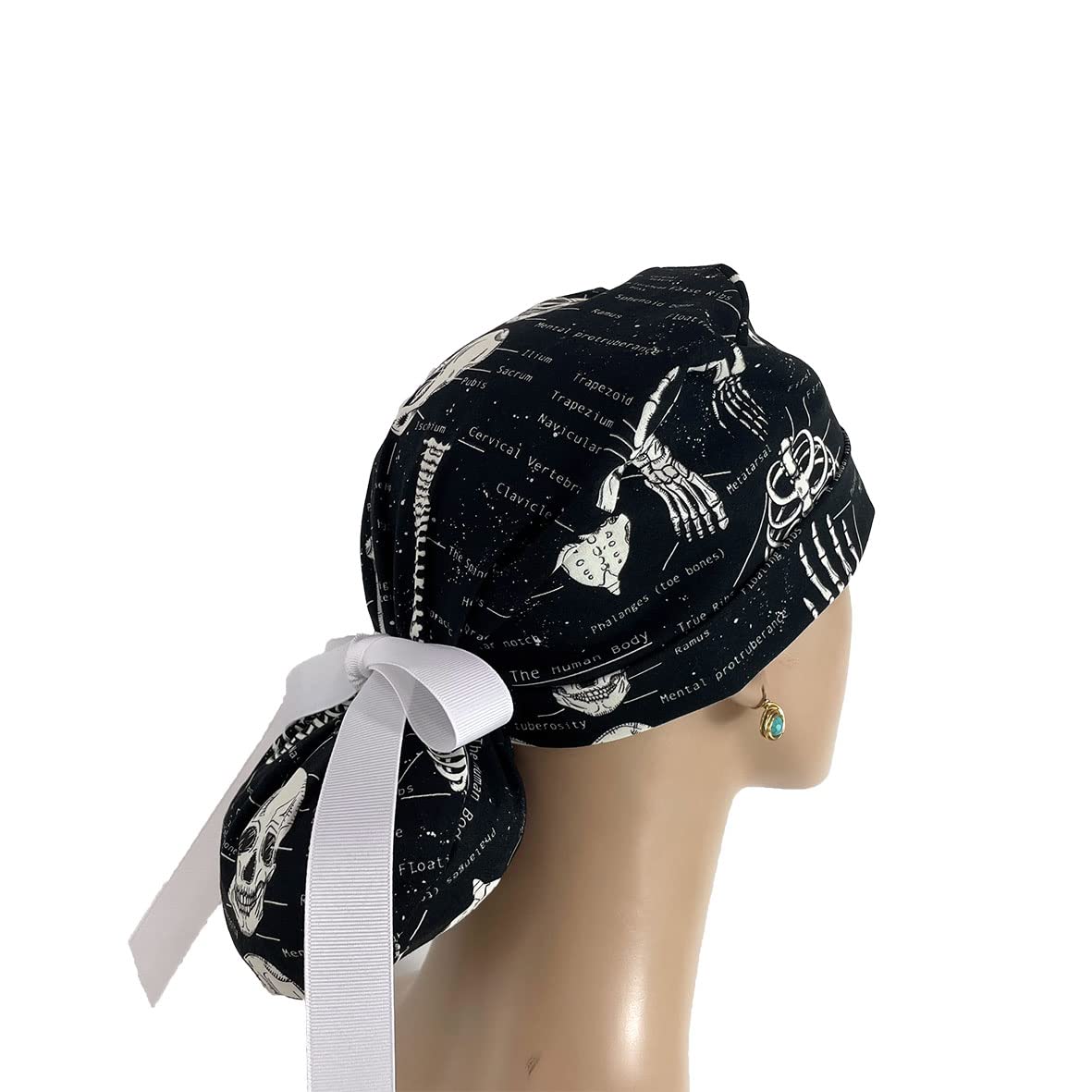 Turn Up Ponytail Medical Scrub Cap - Human Anatomy Bones Print - Doctor & Nurse Hats for Women in Black | Comfortable Surgical Cap for Healthcare Professionals