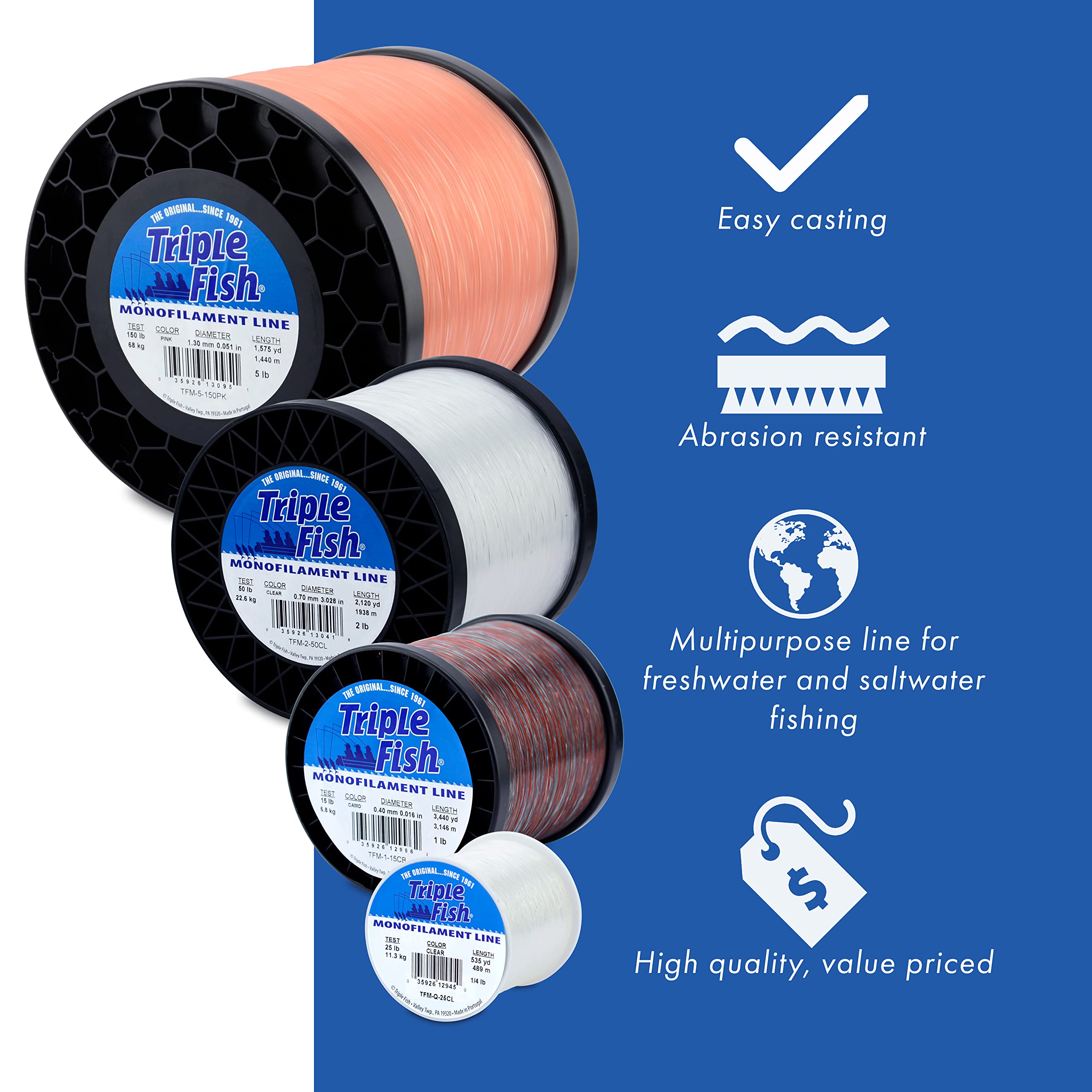 Triple Fish Monofilament Fishing Line - Strong Clear Pink Camo Color for Trolling, Bottom Fishing, Casting | Main Line for Catfish, Bass | Perfect for Freshwater & Saltwater Fishing