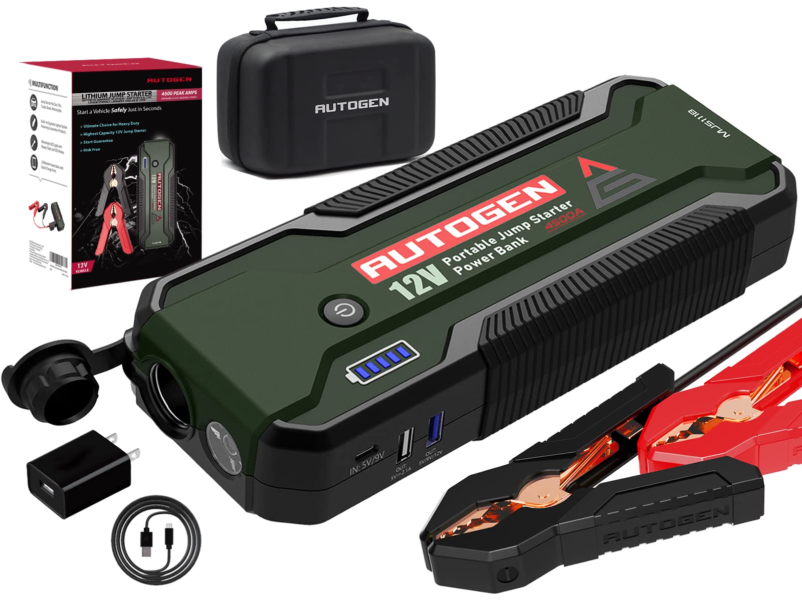 4500A 32000mAh AUTOGEN Portable Car Jump Starter with 12V Socket - Heavy Duty Battery Charger Booster Pack for Trucks, RVs, Boats (12L Gas/Diesel) - Emergency Roadside Assistance & Vehicle Power Backup