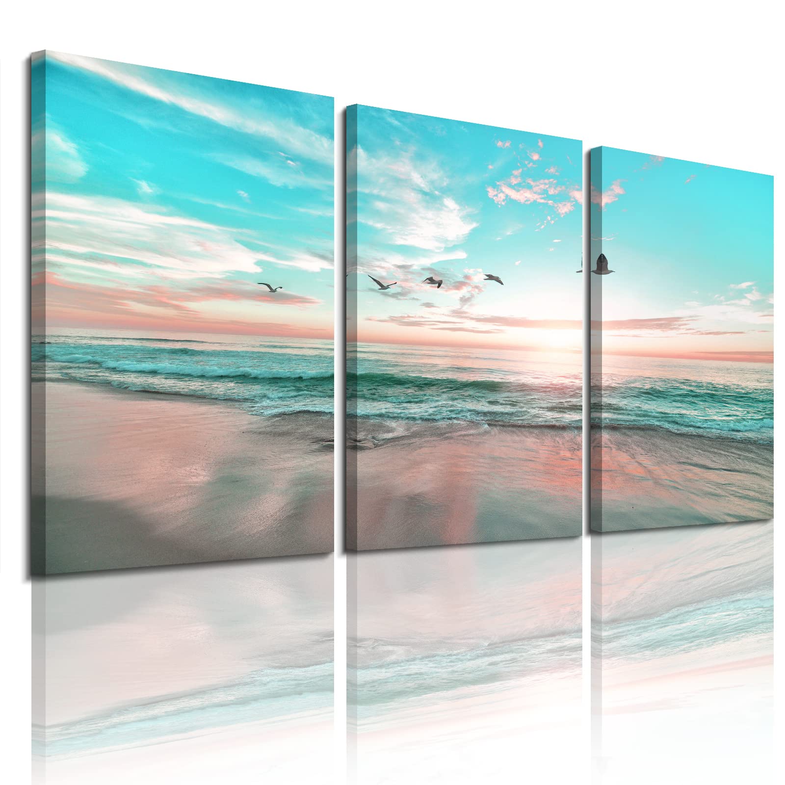 EPHANY Ocean Beach Sunset Wall Art - Abstract Blue Sea Landscape Canvas Painting Set of 3 (16x24 inches) for Living Room, Bedroom & Office Decor