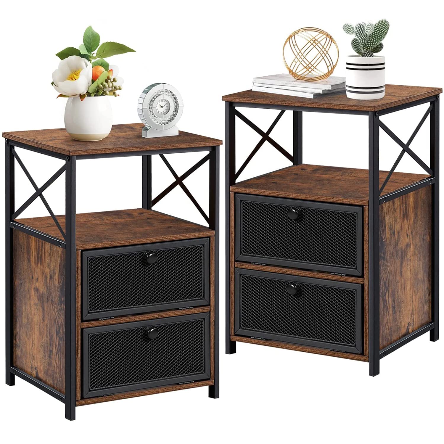 Modern Night Stand with Storage & Flip Drawer - Set of 2 Brown End Tables for Bedroom, Living Room & Lounge - Space-Saving Nightstand with Door for Small Apartments & Dorm Rooms