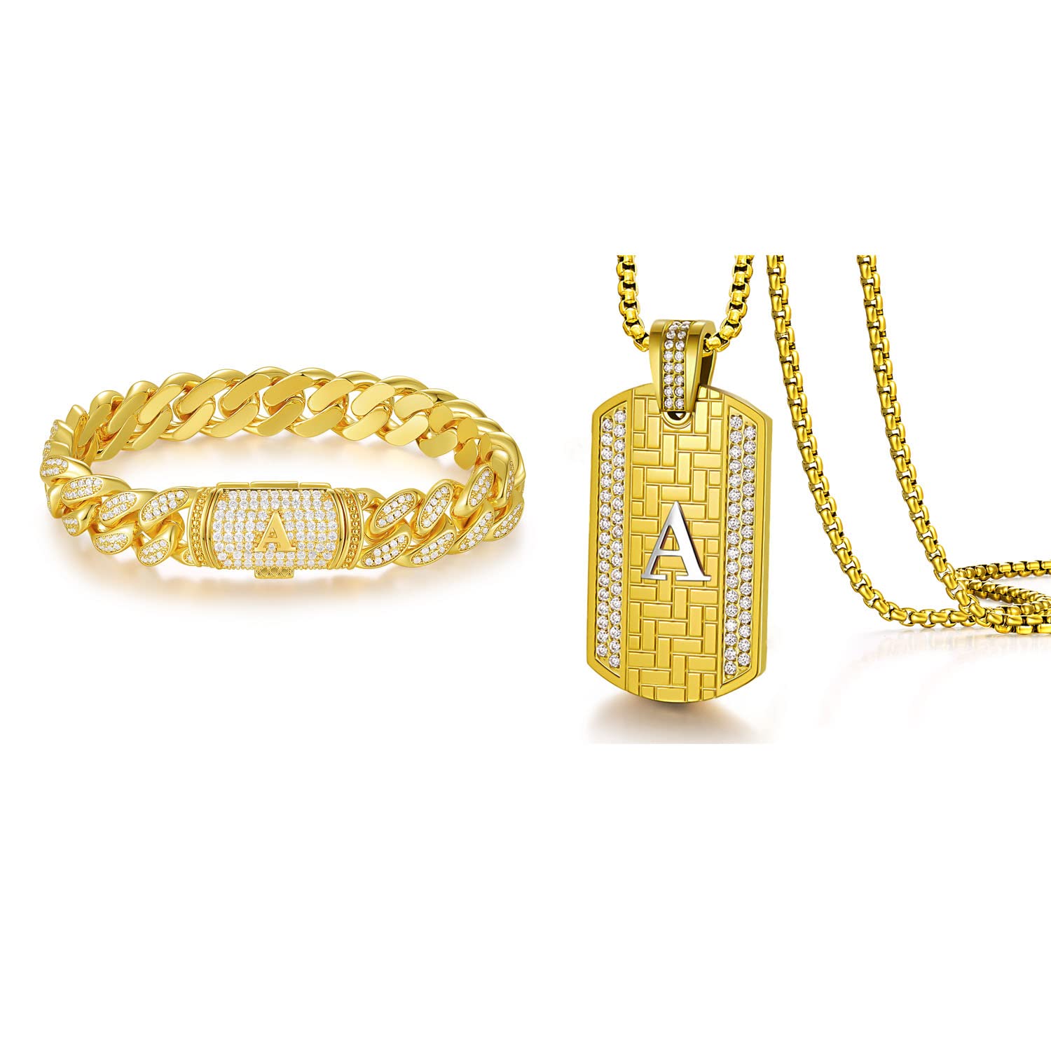 ETEVON 18K Gold Plated Cuban Link Initial Bracelet & Necklace Set for Men & Women - Personalized Jewelry Gift for Birthday, Christmas, Valentine's Day - Perfect for Husband, Boyfriend, Son - Great for Date Night, Anniversary, Special Occasions
