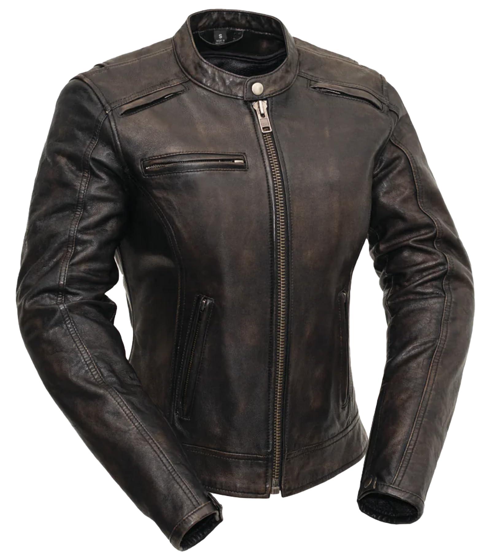 First Mfg Co Trickster Women's Motorcycle Jacket - Black Olive Genuine Leather Biker Jacket for Riding & Outdoor Adventures - Perfect for Motorcycling, Casual Wear & Street Fashion