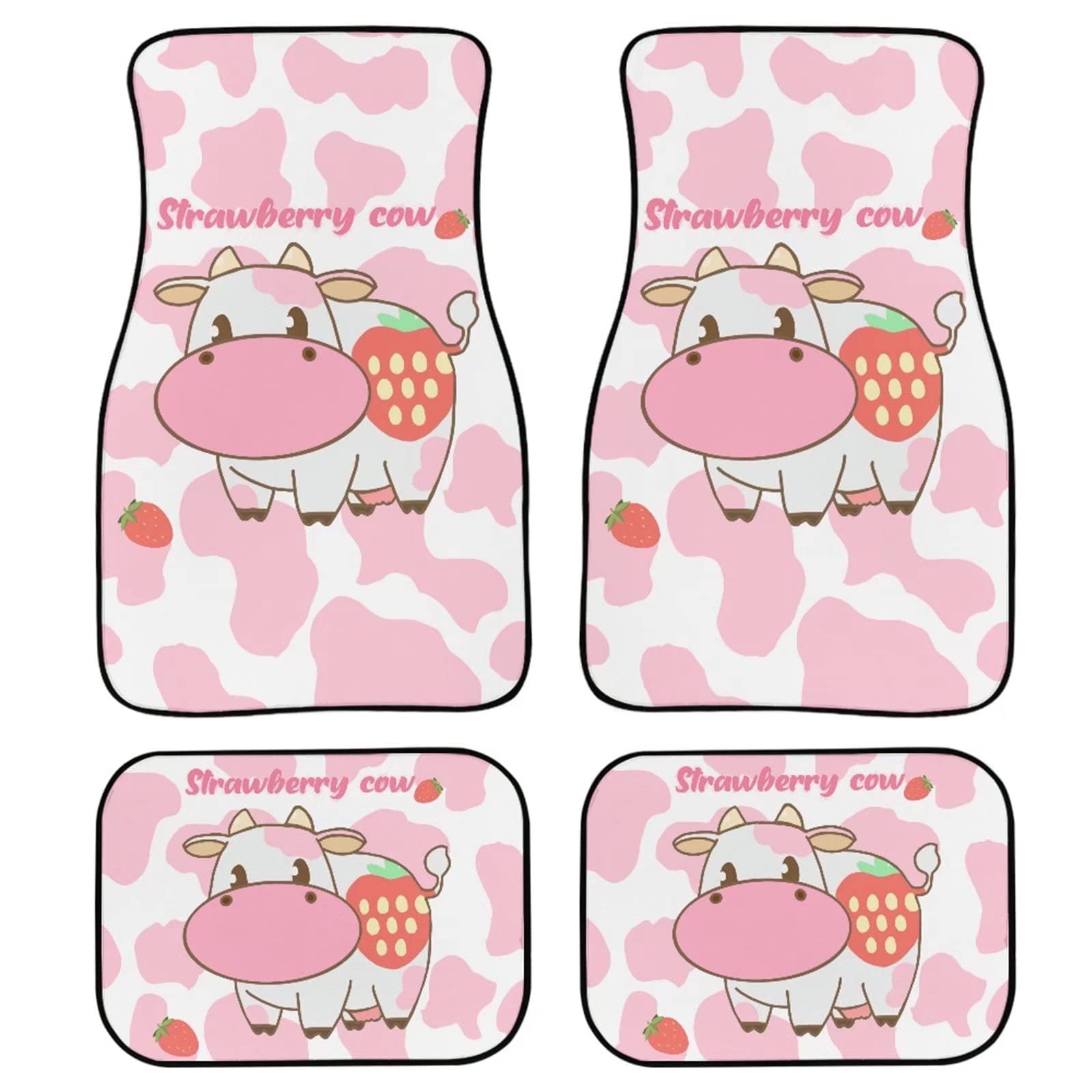 Kawaii Strawberry Cow Print Car Floor Mats for Women - 4 Piece Set, Anti-Slip Rubber Carpet for Front & Rear Seats | Cute Car Accessories for Girls, Teens & Kawaii Lovers - Perfect for Sedans, SUVs & Compact Cars