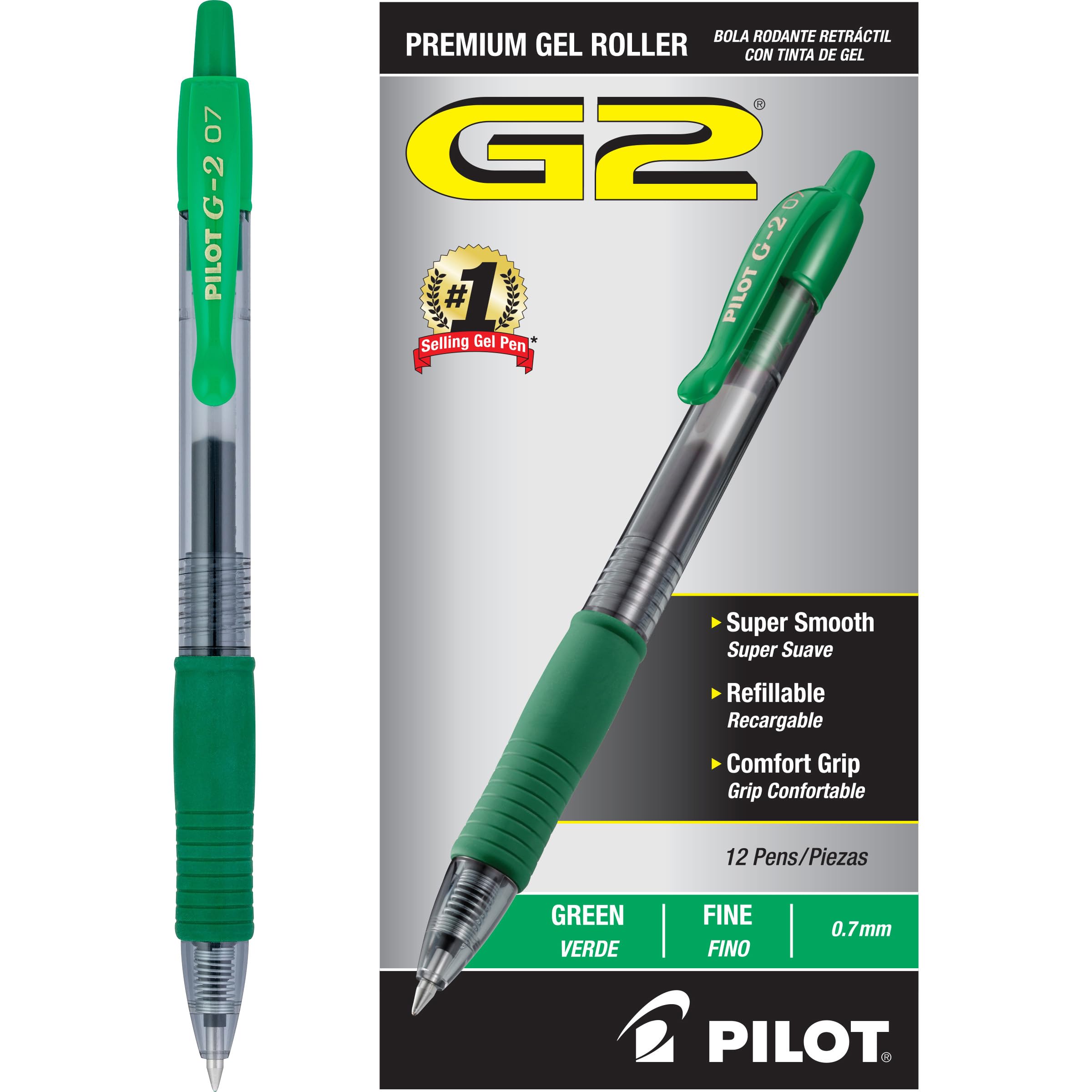 Pilot G2 Premium Gel Roller Pens 0.7mm Fine Point - 12 Pack Green Ink Pens for Office, School & Note Taking - Smooth Writing Gel Pen Set for Professionals & Students