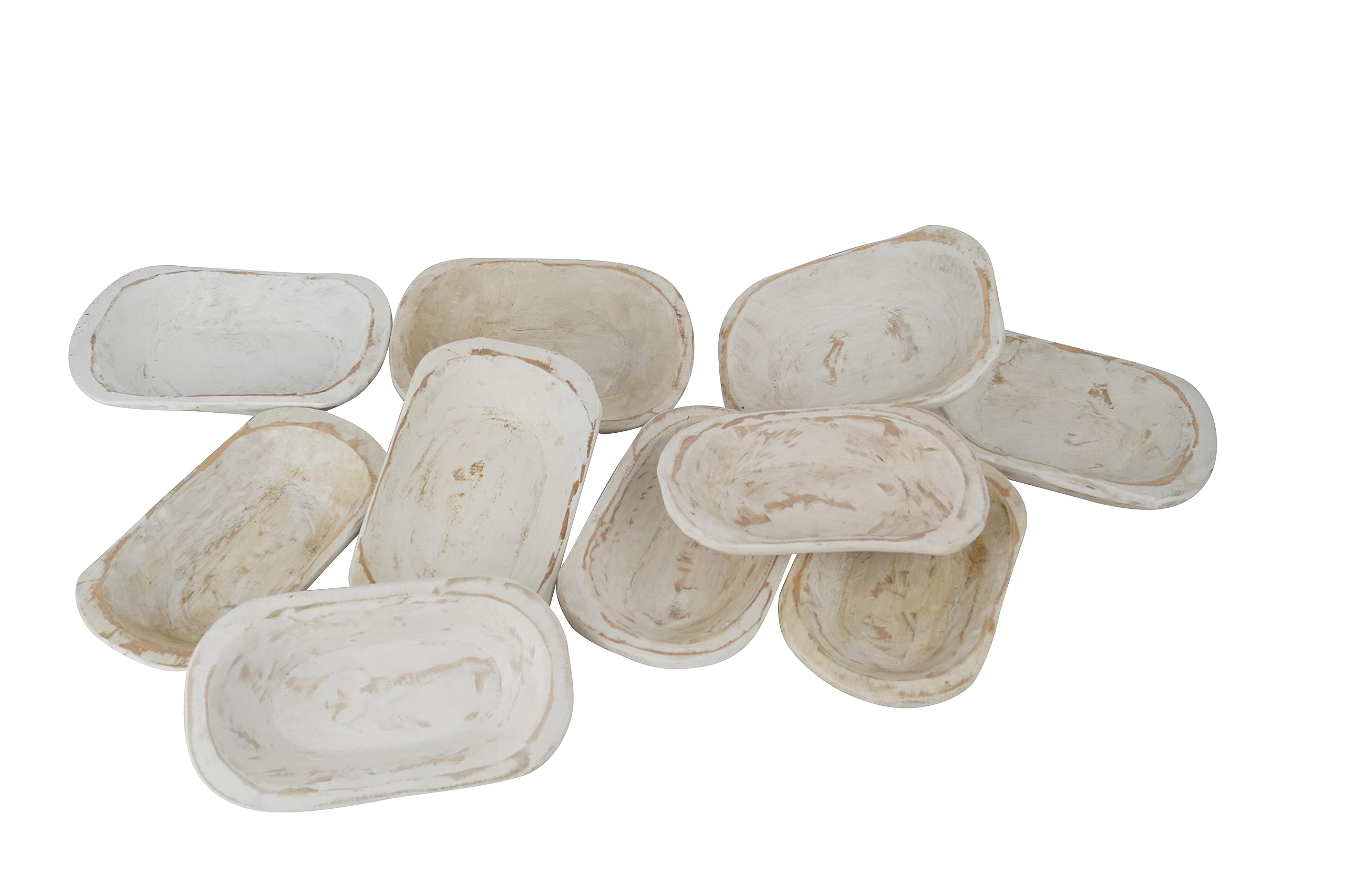 Handmade Rustic Wood Dough Bowl Set - 5-6 x 9-10 x 1.5-2 Inches - 15 Mini White Dough Bowls for Candles, Centerpieces, and Home Decor - Perfect for Weddings, Farmhouse Style, and DIY Crafts