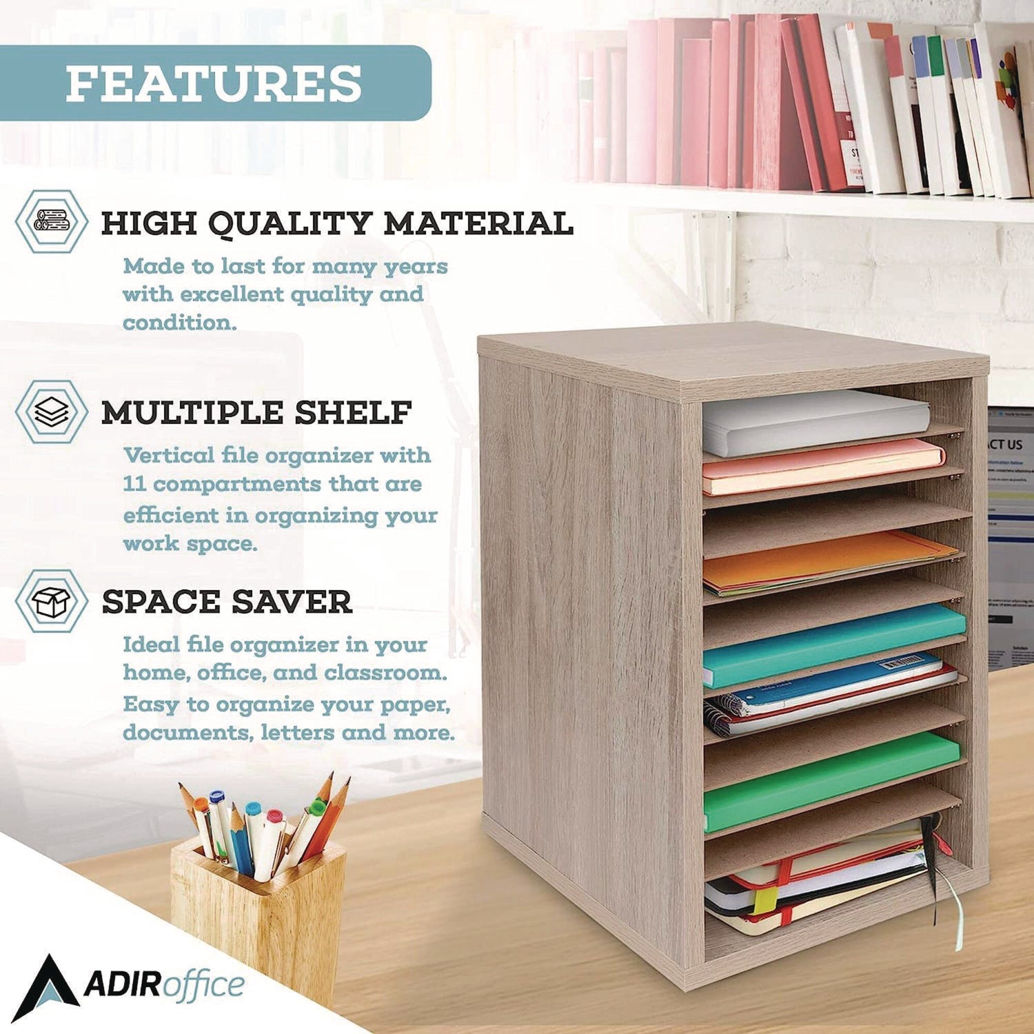 AdirOffice 11-Compartment Wooden Mail & Paper Sorter Organizer - Medium Oak - Letter Size (10.75