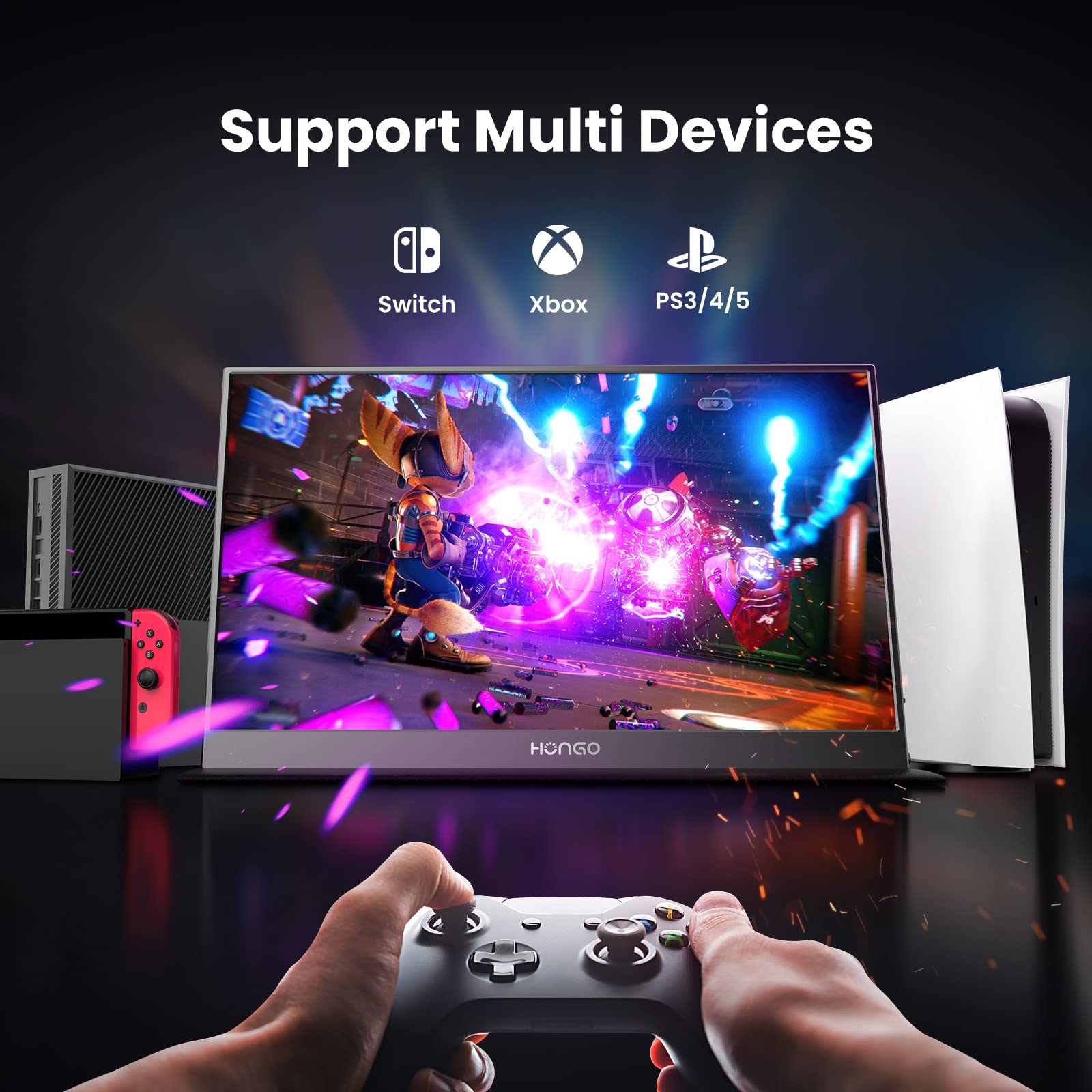 15.6'' HONGO Portable Monitor - 1080P FHD IPS HDR Display with USB-C & HDMI, Built-in Dual Speakers & Smart Cover - External Gaming Monitor for PC, Mac, Phone, Xbox, PS4, Nintendo Switch - Perfect for Work, Travel & Mobile Gaming