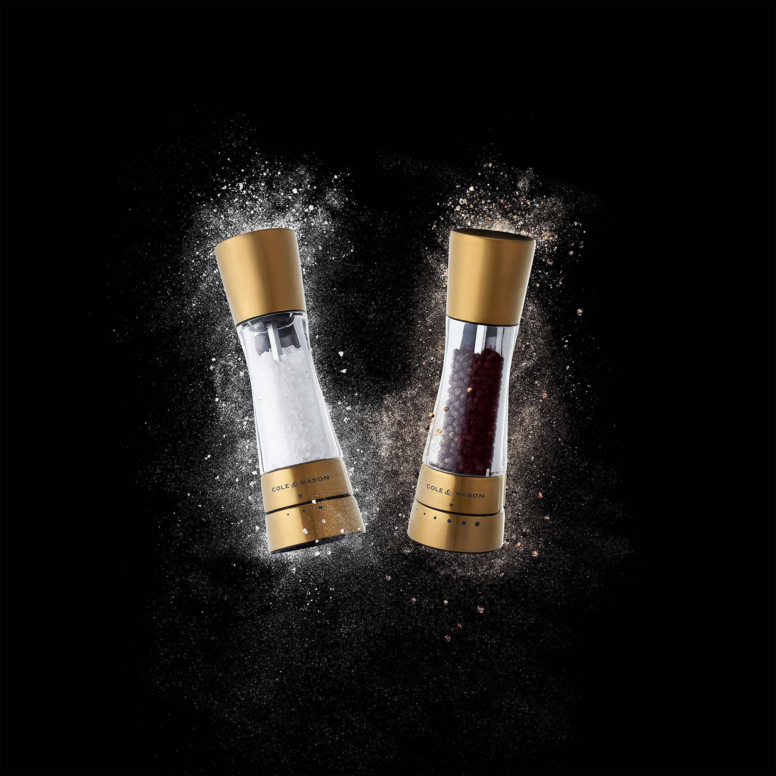 Cole & Mason Derwent Gold Salt and Pepper Grinder Set - Premium Stainless Steel & Acrylic Mills with Gourmet Precision+ Technology - 190mm Height - Perfect for Kitchen, Dining Table & Gift Giving