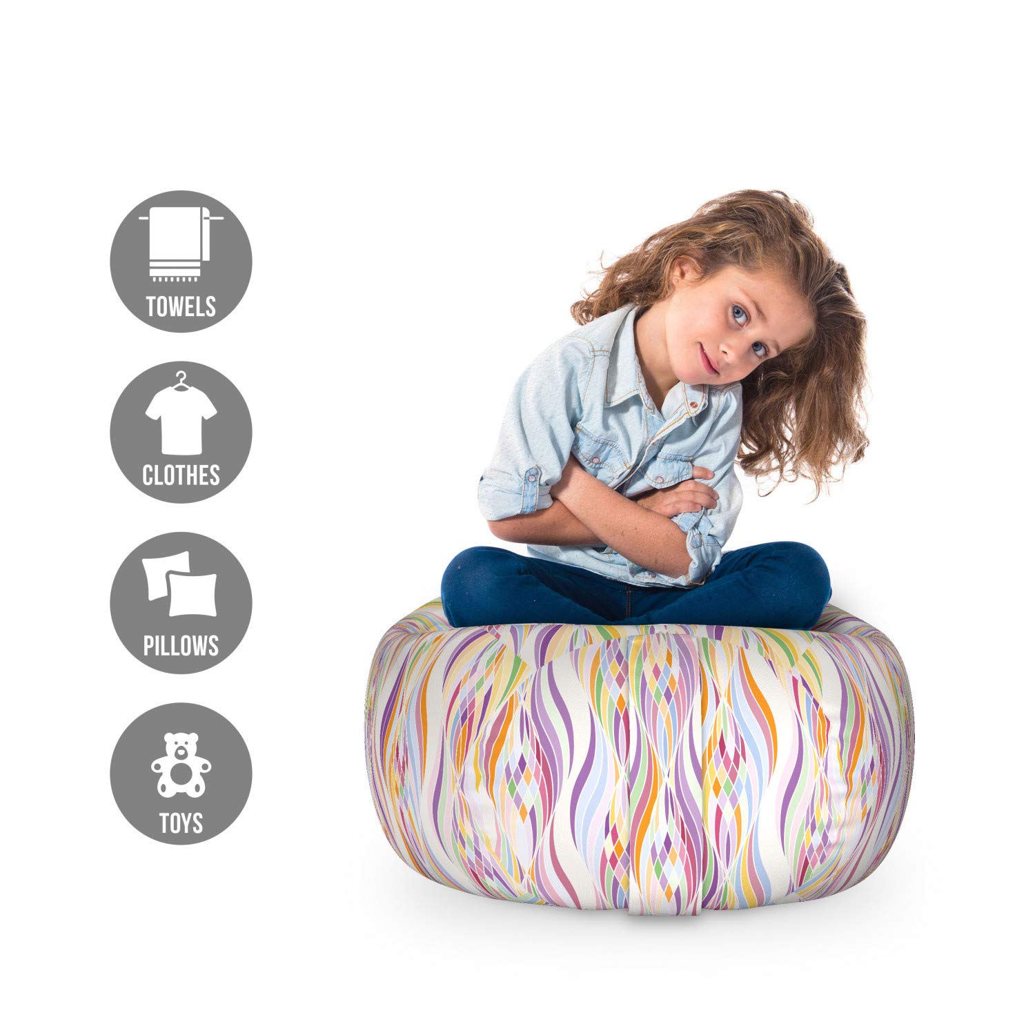 Ambesonne Abstract Toy Storage Bag Chair - Wavy Lines & Geometric Rhombus Pattern, Rainbow Colors, Washable Stuffed Animal Organizer (Small, Multicolor) - Perfect for Kids' Room, Playroom & Nursery Organization