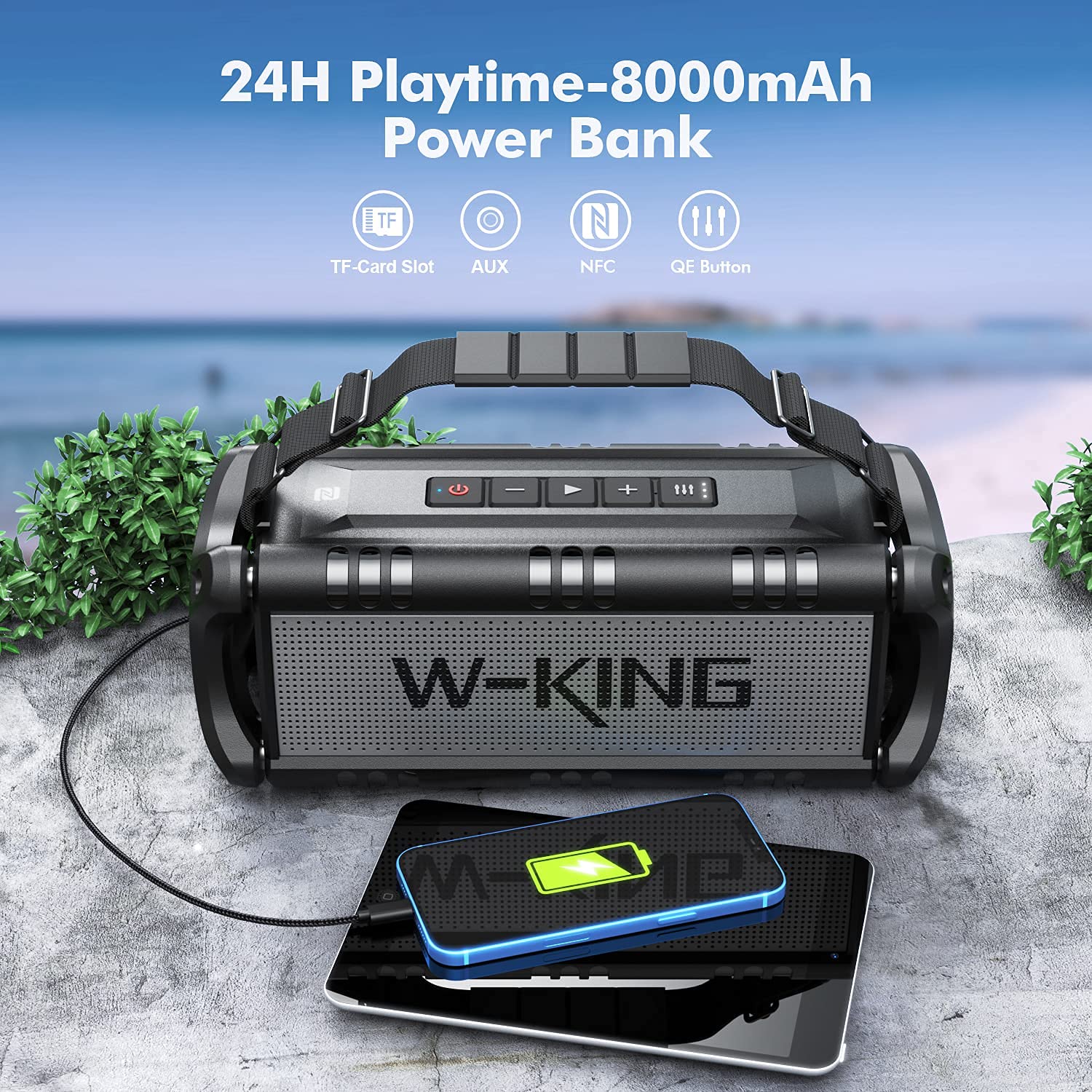 W-KING 50W Portable Bluetooth Speaker - IPX6 Waterproof, Wireless Bass, Bluetooth 5.0 with Power Bank, TF Card/AUX/NFC - Perfect for Outdoor Adventures, Beach Parties & Camping