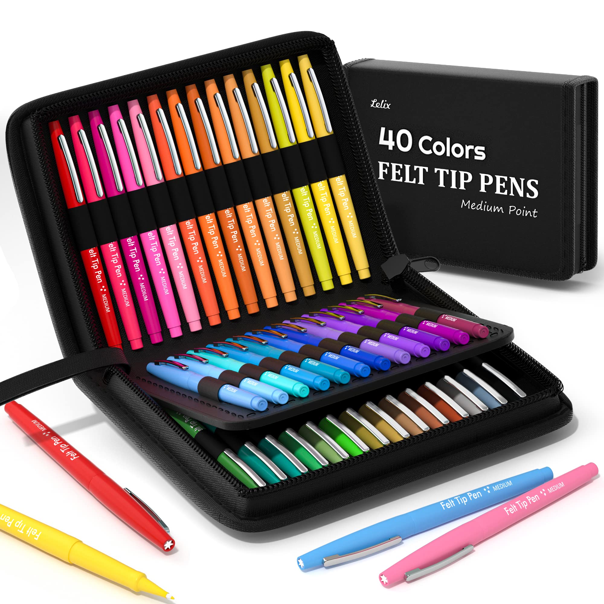 Lelix 40-Color Felt Tip Pens Set with Case - Medium Point Markers for Journaling, Writing, Drawing & Note Taking - Ideal for Art, Office, School & Planner Organization (Perfect Gift for Students & Artists)