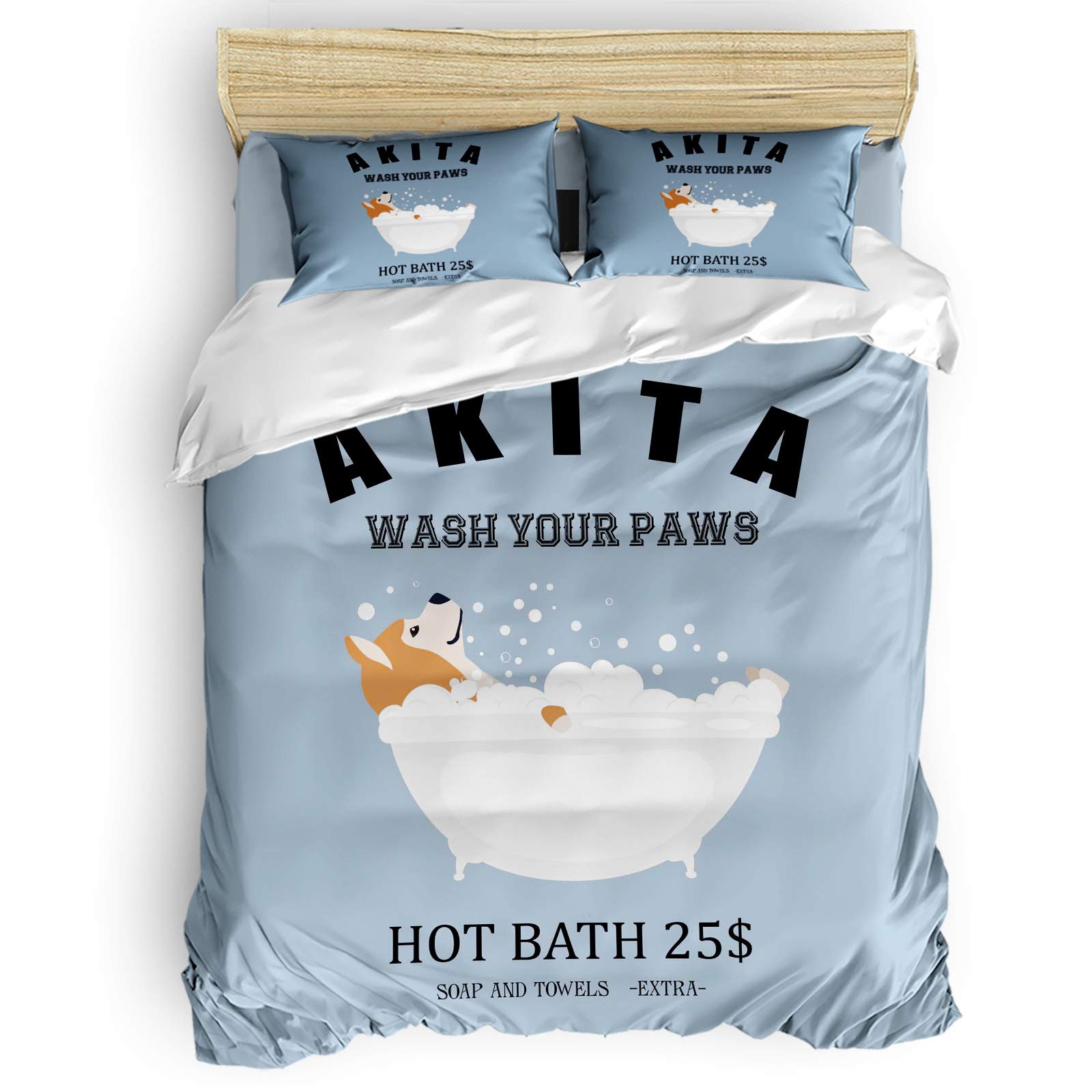 Findamy King Size 4-Piece Animals Duvet Cover Set - Soft Washed Microfiber Bedding with Zipper Closure & Corner Ties for All Seasons | Pet Dog Akita Bath in Bathtub with Bubbles Design | Perfect for Master Bedroom, Guest Room & Kids' Room Decor