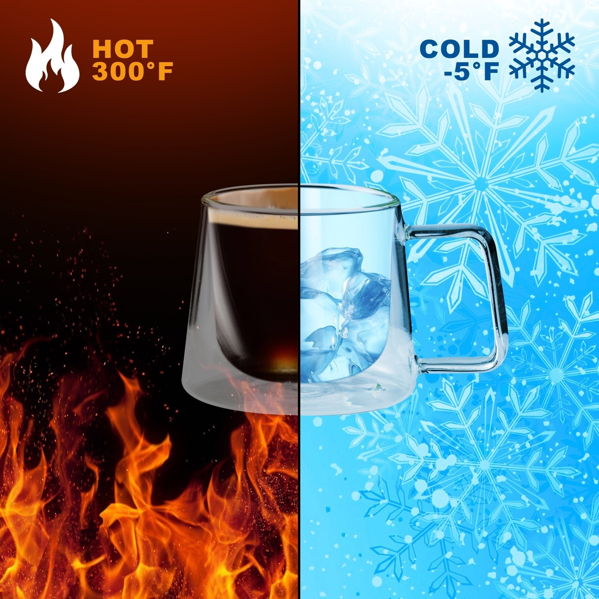 Premium Double Walled Insulated Glass Coffee Mug with Handle - Set of 2 (8.5oz) - Perfect for Hot & Cold Beverages at Home, Office or Outdoor Camping