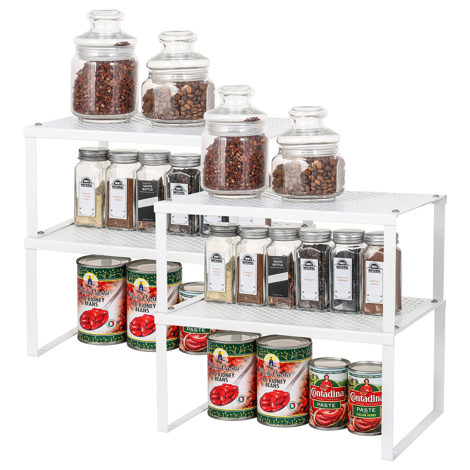 MOOACE Expandable Stackable Kitchen Cabinet Organizer Set of 4 - White Spice Rack & Pantry Shelf for Counter Storage - Perfect for Small Spaces, Kitchen Organization & Clutter-Free Countertops