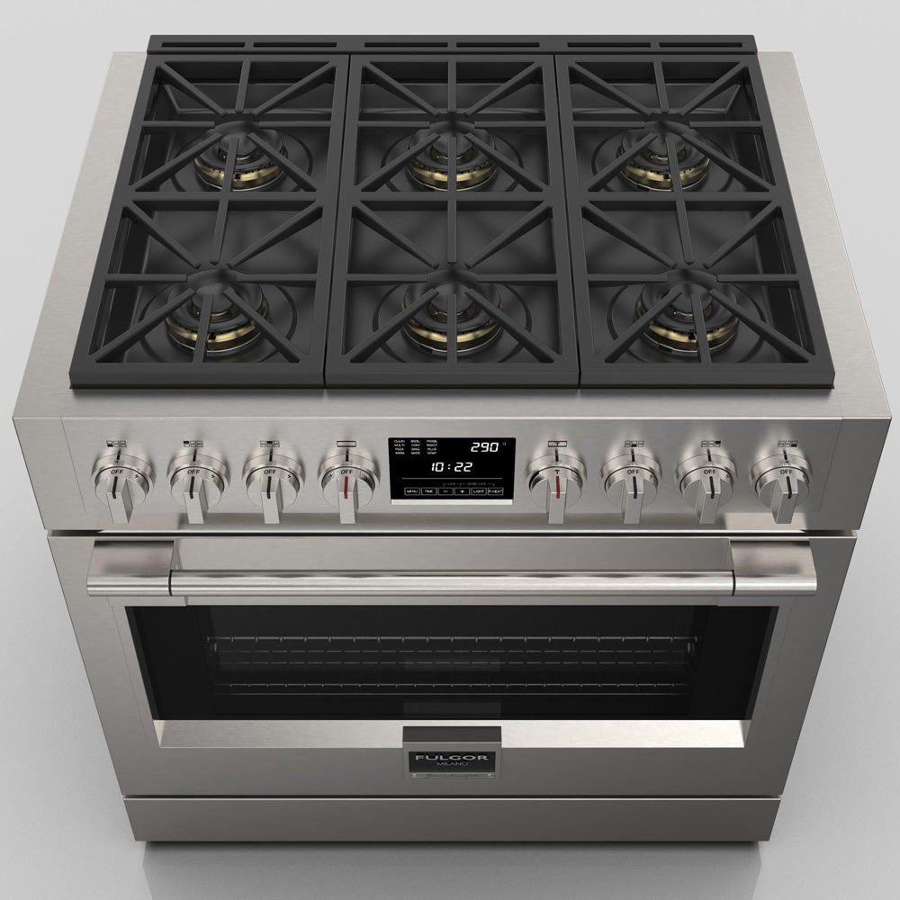Fulgor Milano 36-Inch 600 Series Dual Fuel Range with 6 Burners - Stainless Steel Professional Gas Stove & Electric Oven (Model F6PDF366S1) - Perfect for Gourmet Cooking & Large Family Kitchens