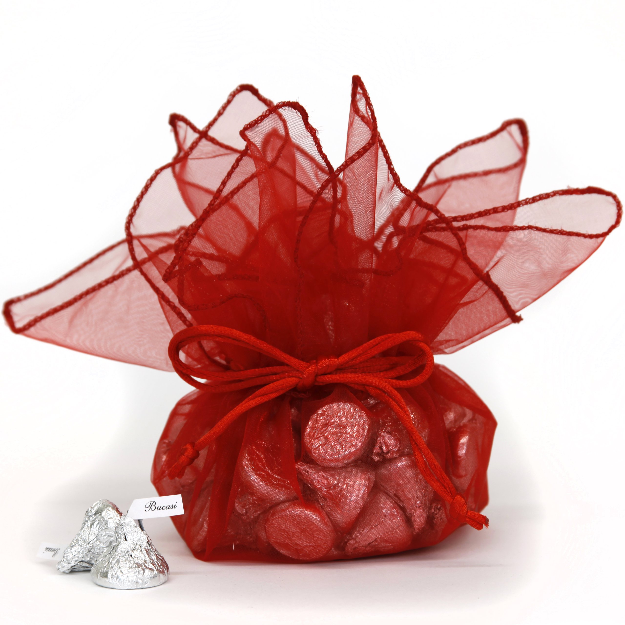 30 Pack Designer Organza Fabric Gift Bags - Elegant Party Favor Pouches for Wedding, Birthday, Baby Shower & Holiday Gifts Packaging (Red) - Perfect for Jewelry, Candies, Soaps & Small Gift Wrapping