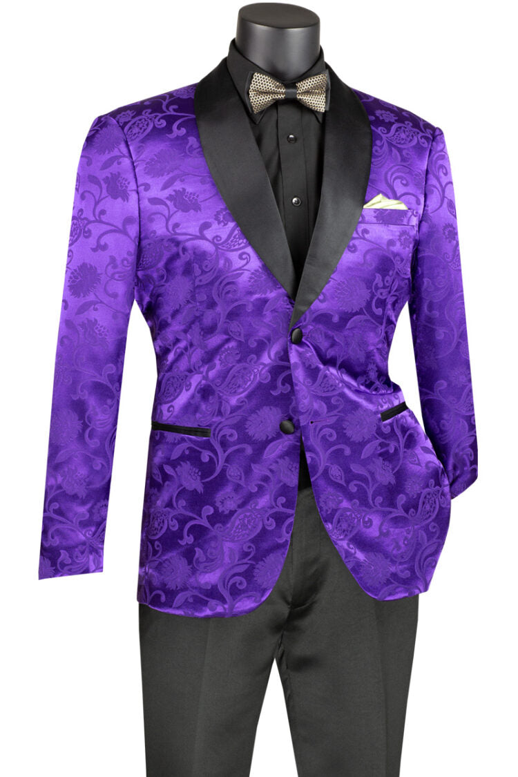 Slim Fit Silky Jacquard Fabric Sport Coat - Single Breasted 2 Button Blazer with Bow Tie - Purple Formal Wear for Weddings, Parties & Business Events