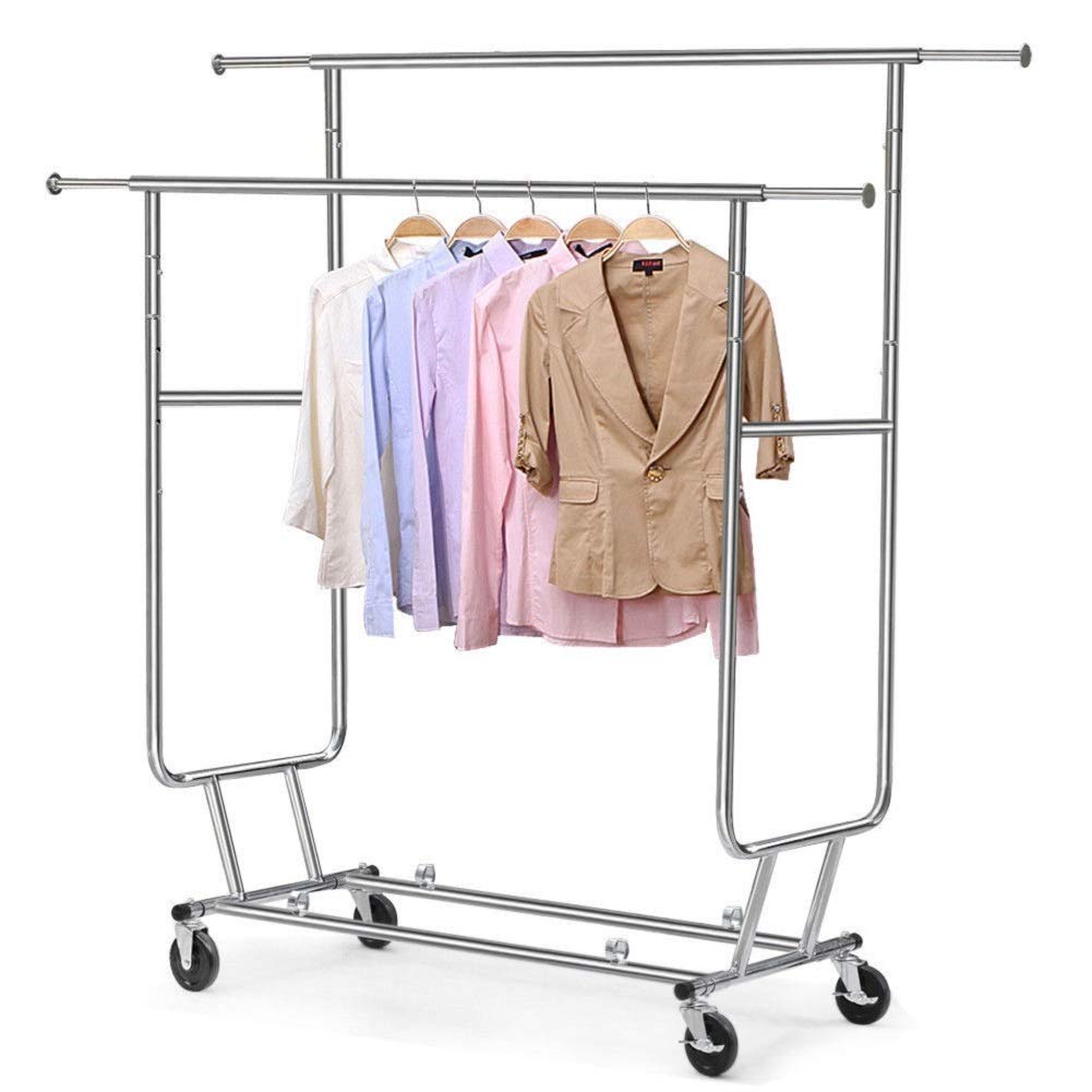 Commercial Grade Garment Rack - Heavy Duty Collapsible Rolling Double Rail Clothes Hanger for Retail Stores, Boutiques & Home Organization