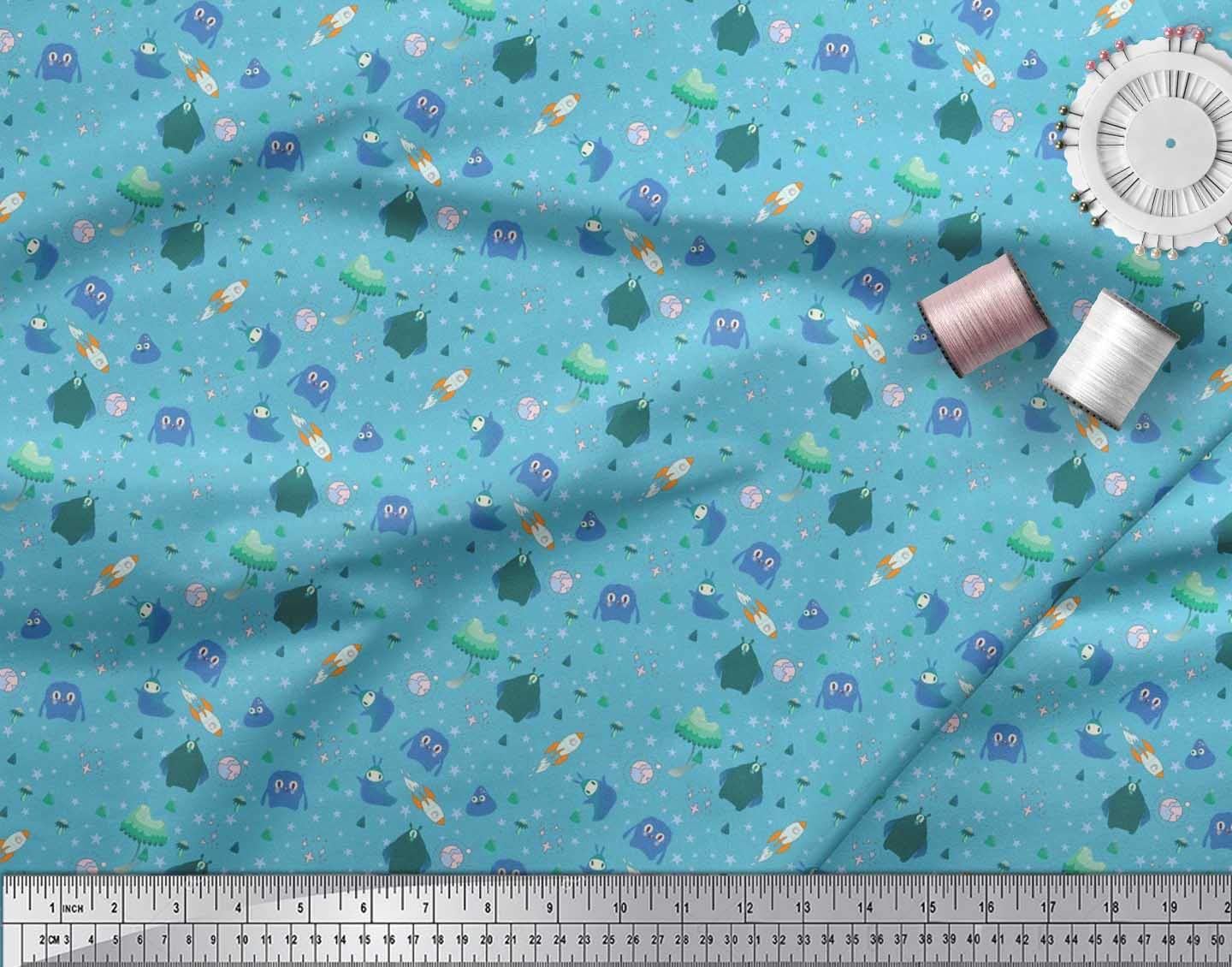 Soimoi 100% Cotton Voile Fabric by The Yard - 42 Inch Wide Blue Star Planet Alien Cartoon Print Textile for DIY Sewing, Quilting & Galactic Themed Decor