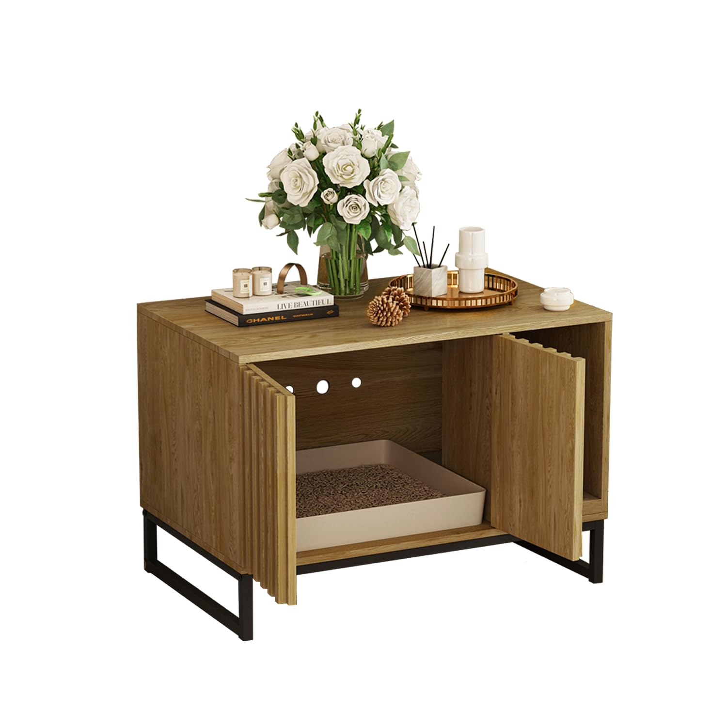 Modern Cat Litter Box Enclosure Furniture - Hidden Litter Box with Scratch Pad, Cat Washroom House & Entryway Bench for Living Room - Natural Wood End Table for Small Spaces & Pet-Friendly Home Decor