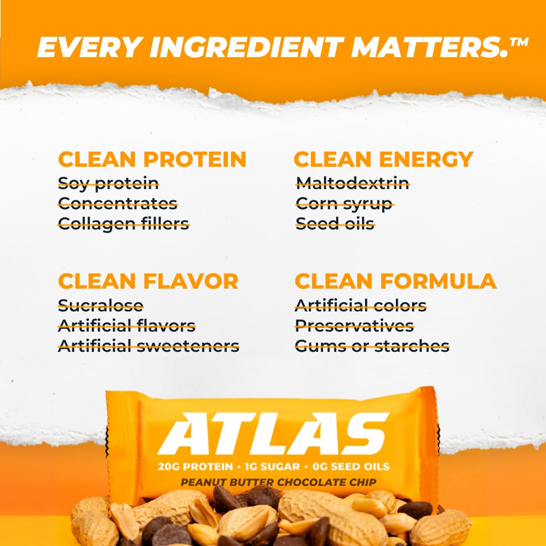 Atlas Protein Bar - High Protein 20g, Low Sugar 1g, Gluten Free & Clean Ingredients - Peanut Butter Chocolate Chip Flavor (12 Bars, Pack of 3) - Perfect for Post-Workout Recovery, Healthy Snacking & On-the-Go Nutrition